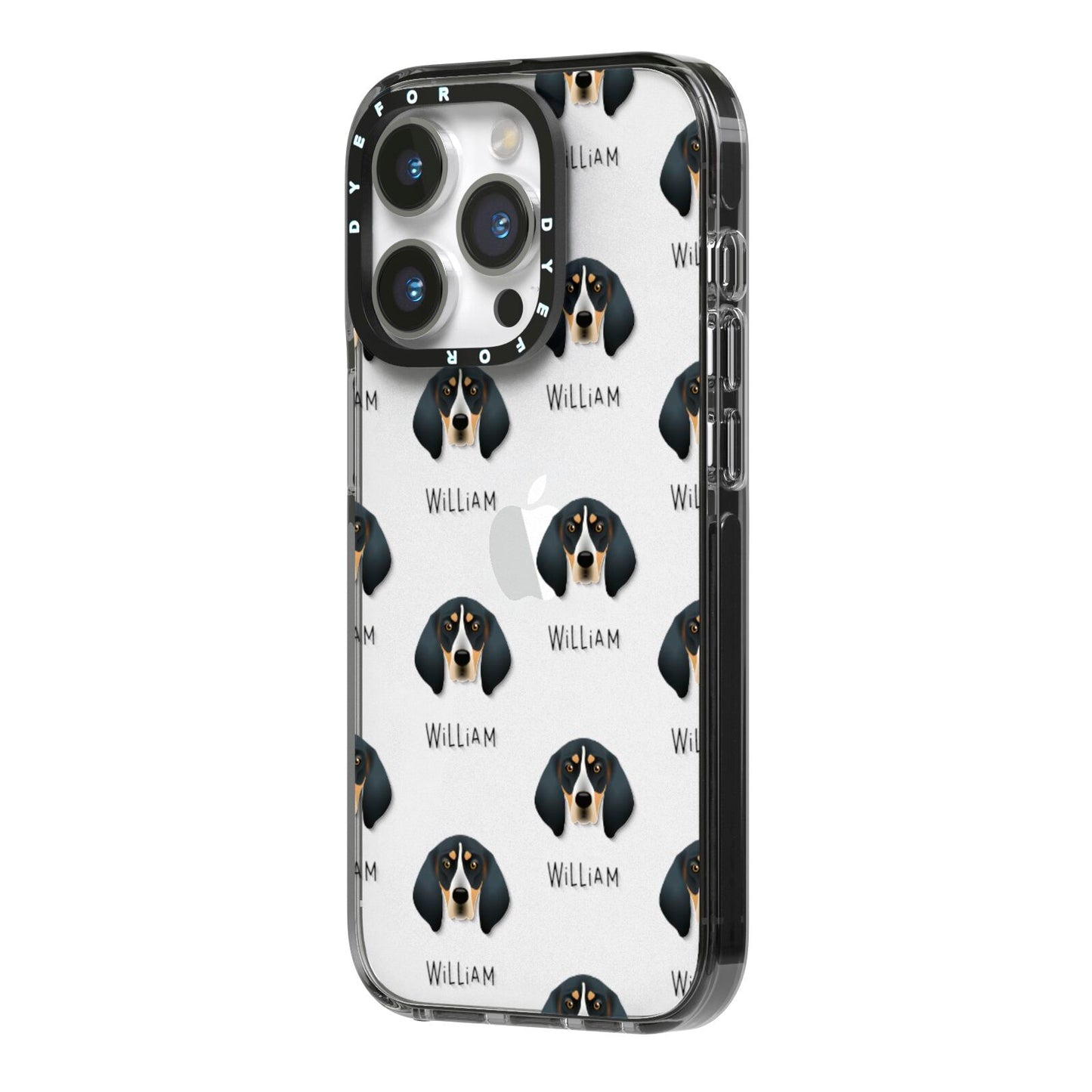 Bluetick Coonhound Icon with Name iPhone 14 Pro Black Impact Case Side Angle on Silver phone