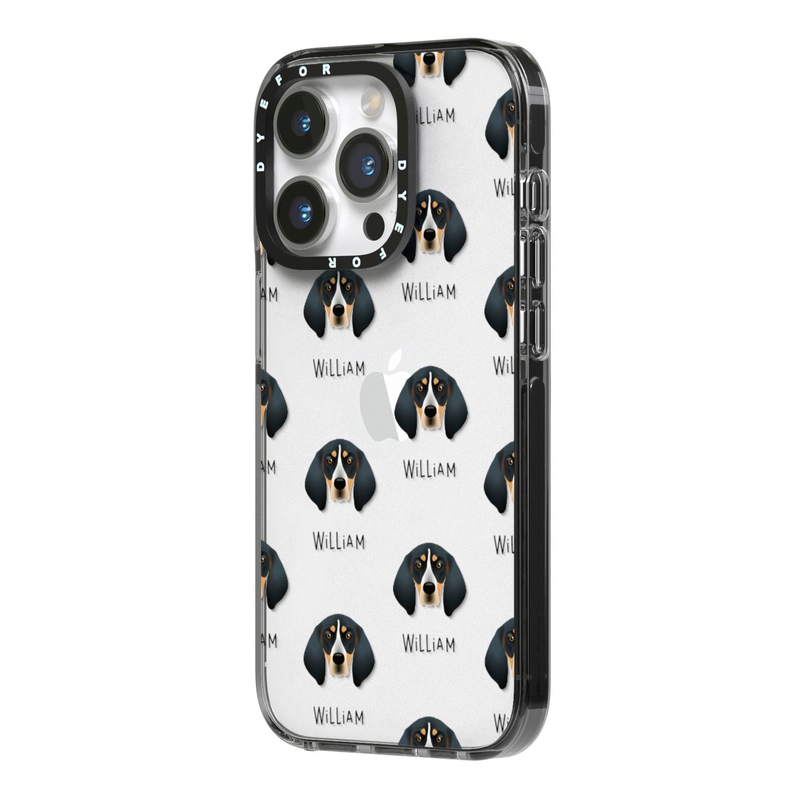 Bluetick Coonhound Icon with Name iPhone 14 Pro Black Impact Case Side Angle on Silver phone