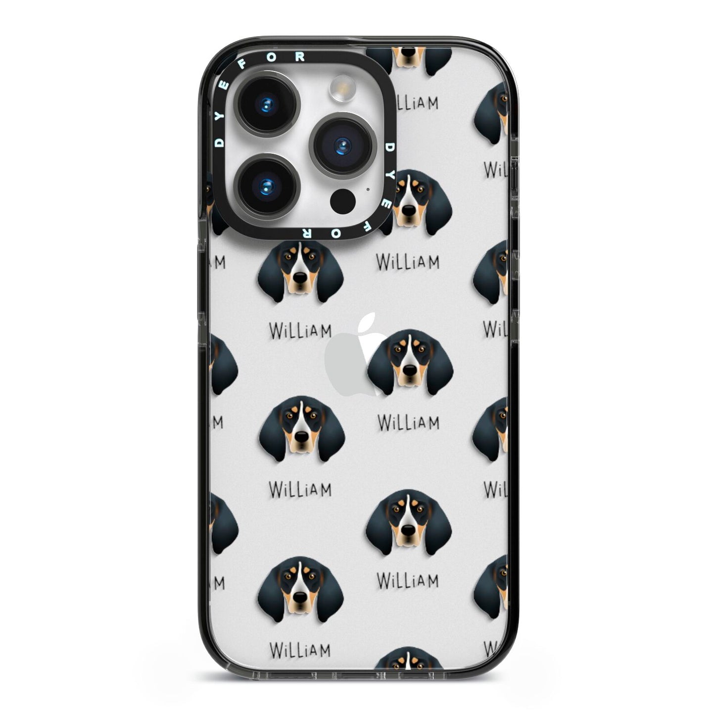 Bluetick Coonhound Icon with Name iPhone 14 Pro Black Impact Case on Silver phone