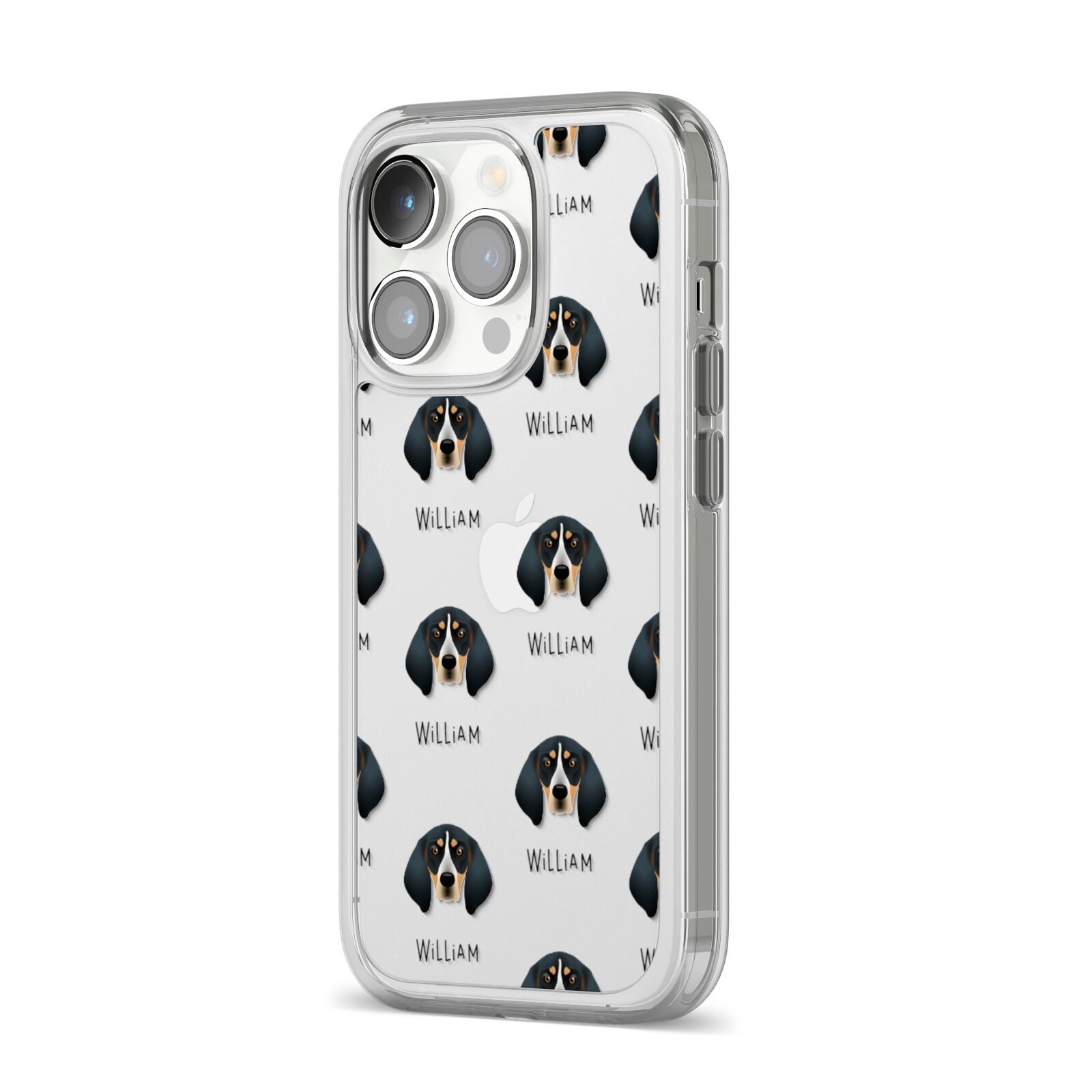 Bluetick Coonhound Icon with Name iPhone 14 Pro Clear Tough Case Silver Angled Image