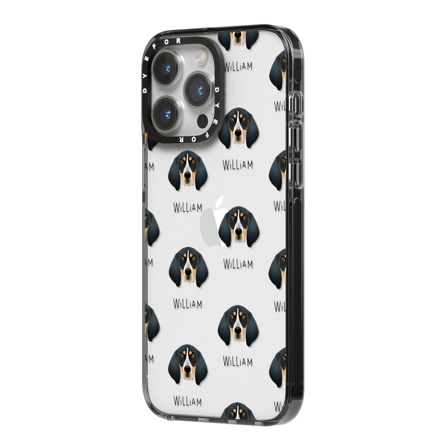 Bluetick Coonhound Icon with Name iPhone 14 Pro Max Black Impact Case Side Angle on Silver phone