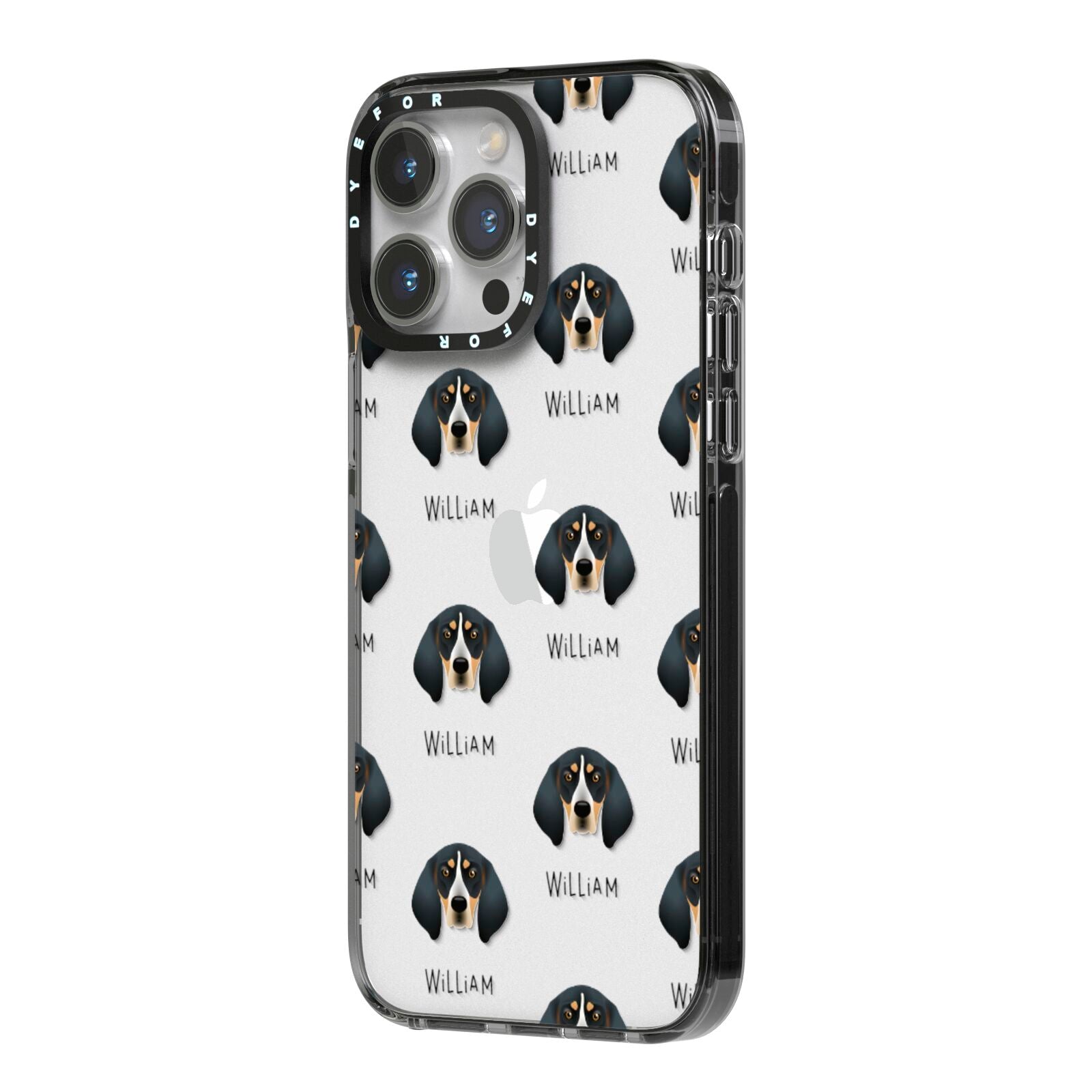 Bluetick Coonhound Icon with Name iPhone 14 Pro Max Black Impact Case Side Angle on Silver phone