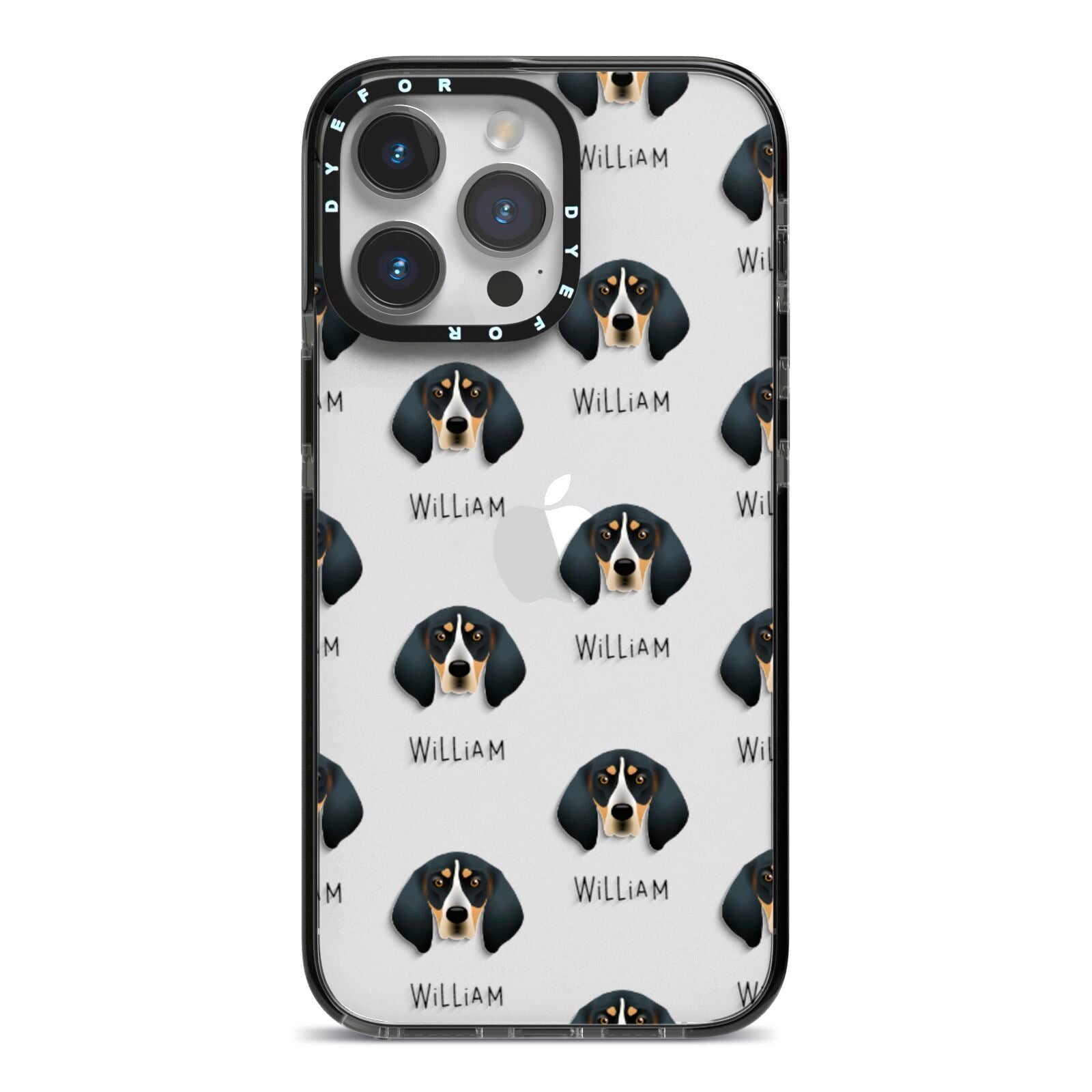 Bluetick Coonhound Icon with Name iPhone 14 Pro Max Black Impact Case on Silver phone