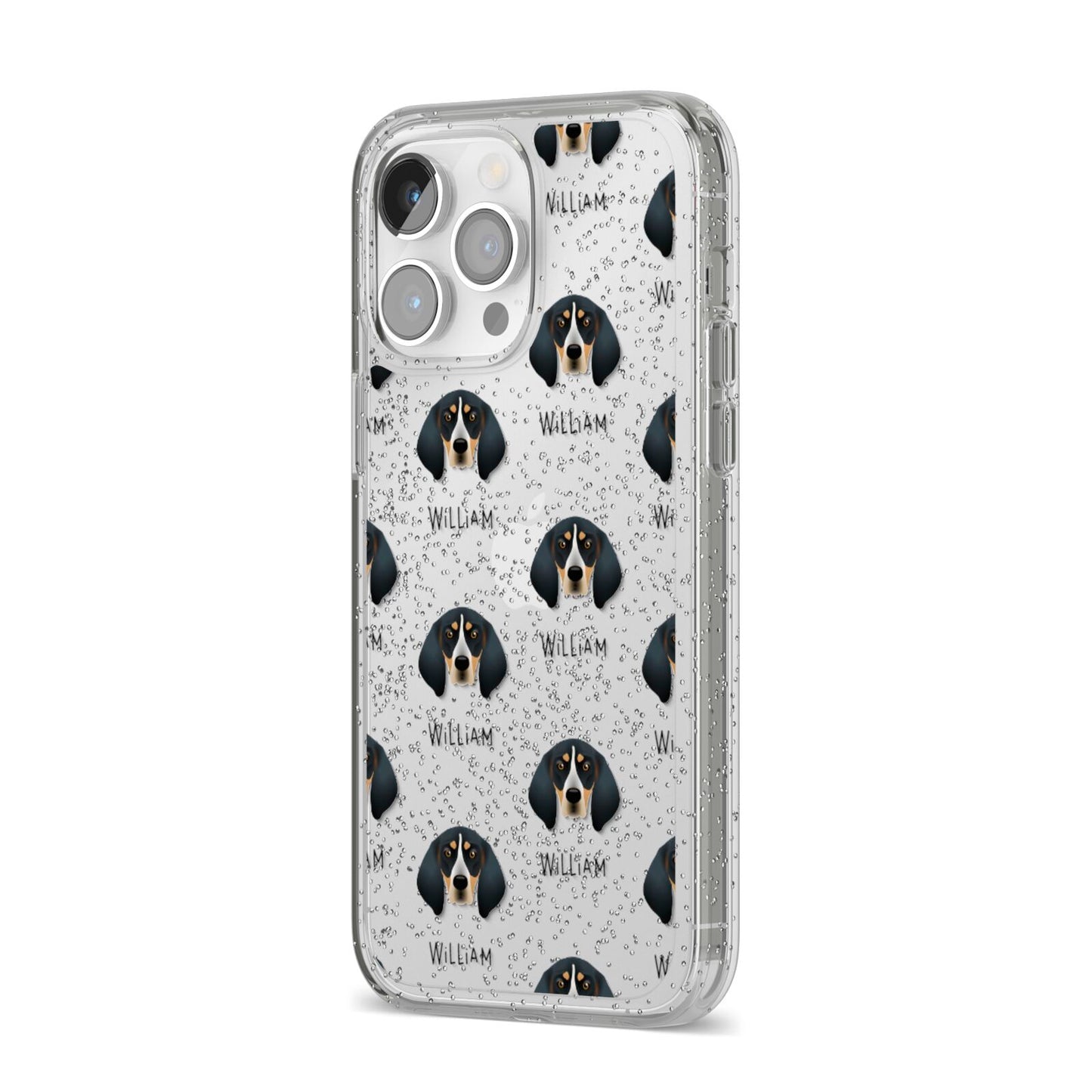 Bluetick Coonhound Icon with Name iPhone 14 Pro Max Glitter Tough Case Silver Angled Image