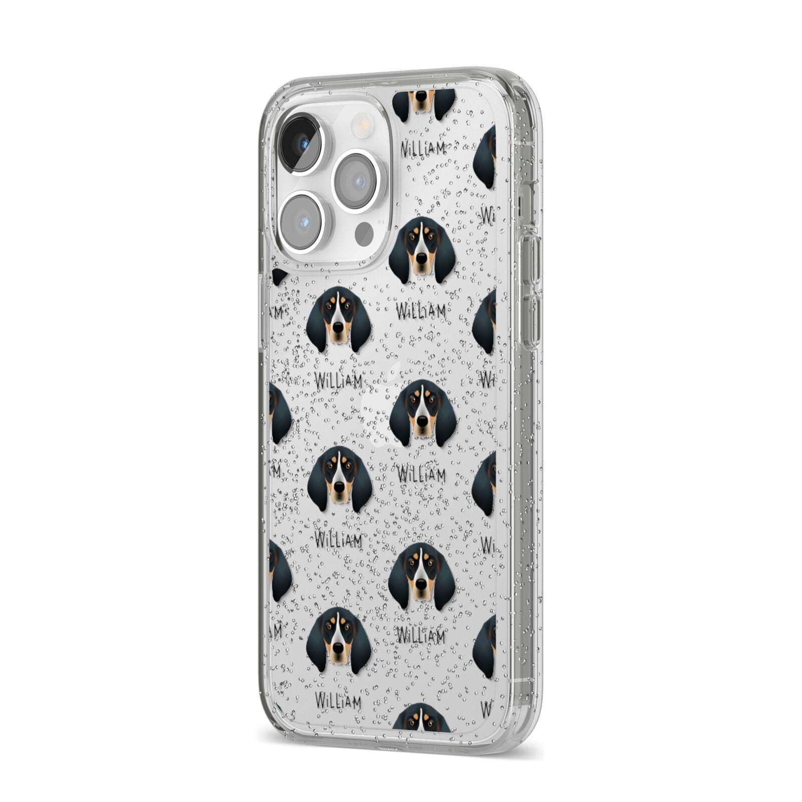 Bluetick Coonhound Icon with Name iPhone 14 Pro Max Glitter Tough Case Silver Angled Image