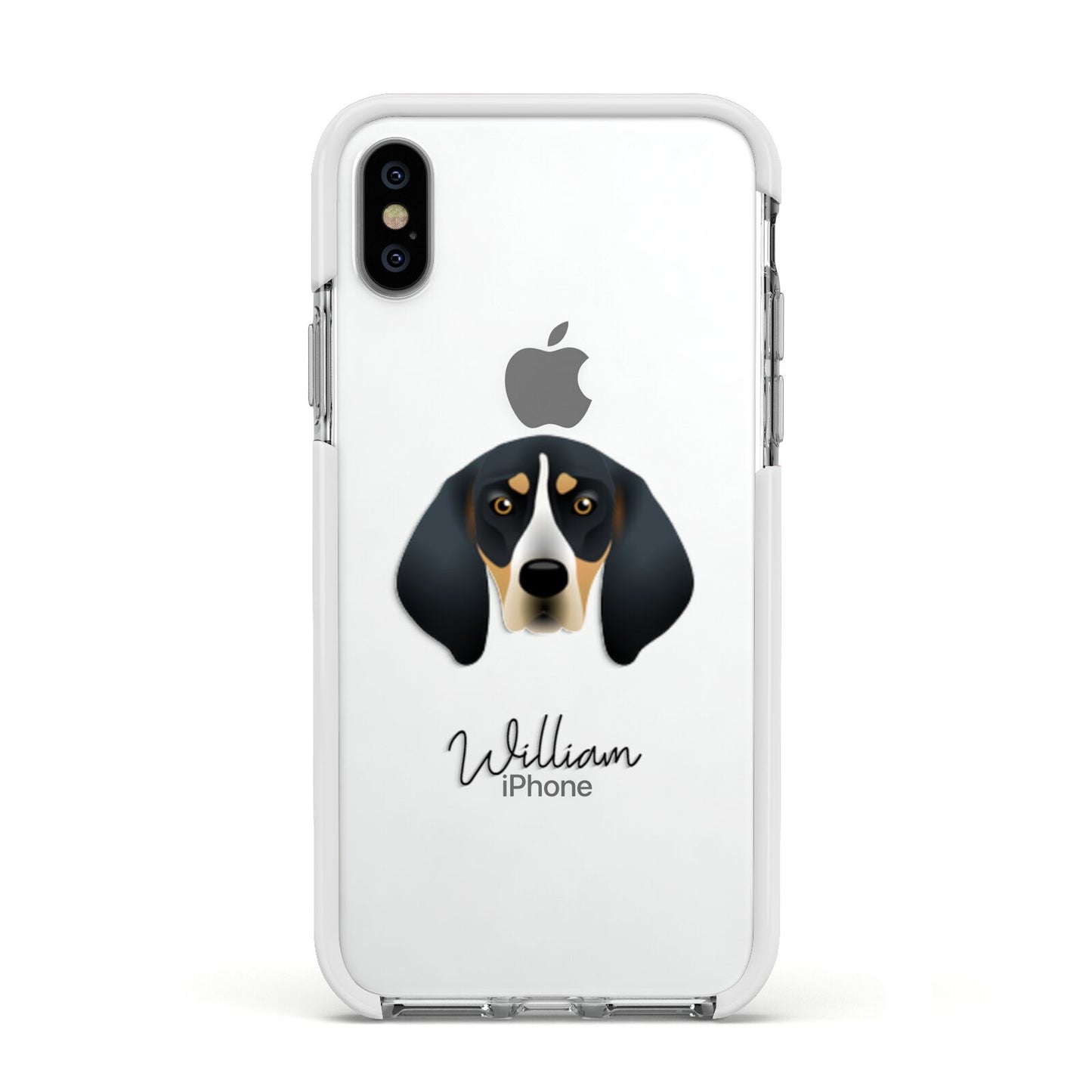 Bluetick Coonhound Personalised Apple iPhone Xs Impact Case White Edge on Silver Phone