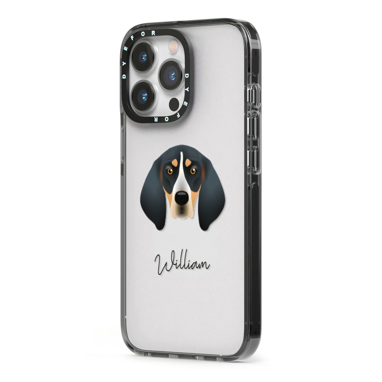 Bluetick Coonhound Personalised iPhone 13 Pro Black Impact Case Side Angle on Silver phone
