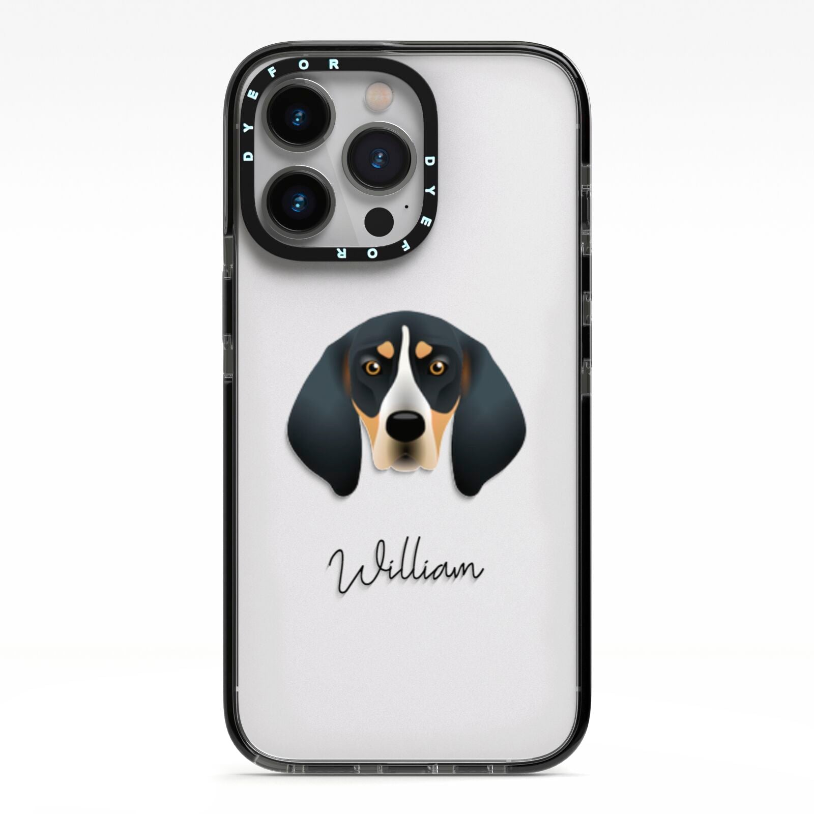 Bluetick Coonhound Personalised iPhone 13 Pro Black Impact Case on Silver phone