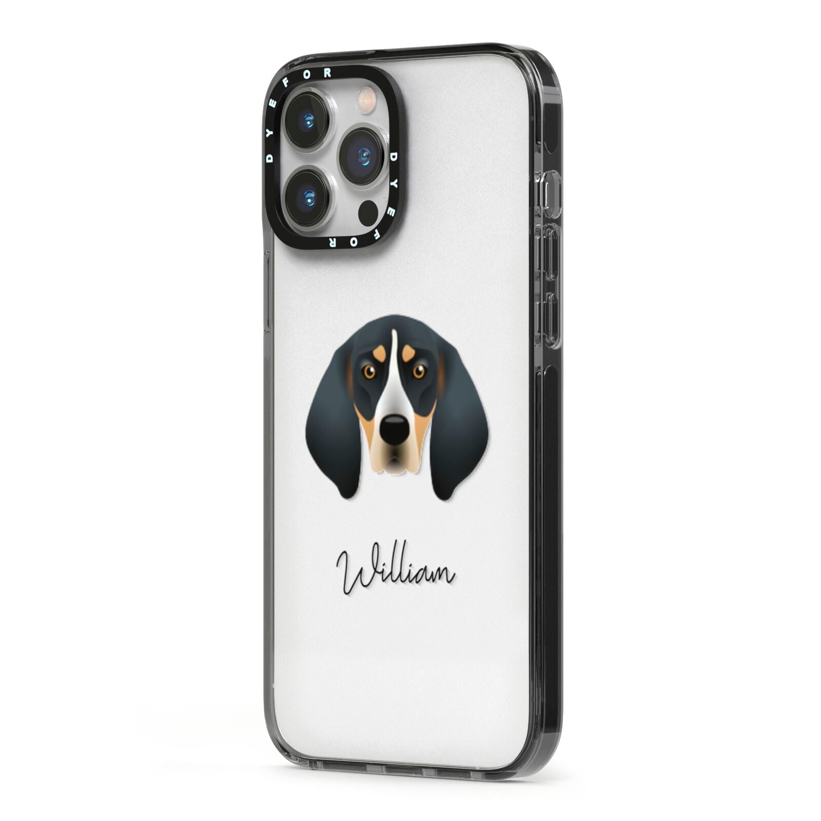 Bluetick Coonhound Personalised iPhone 13 Pro Max Black Impact Case Side Angle on Silver phone