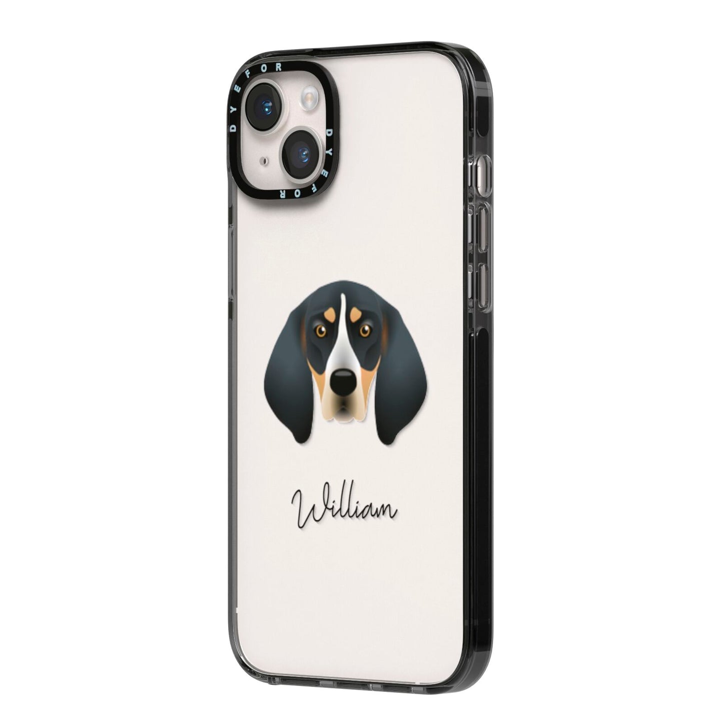 Bluetick Coonhound Personalised iPhone 14 Plus Black Impact Case Side Angle on Silver phone