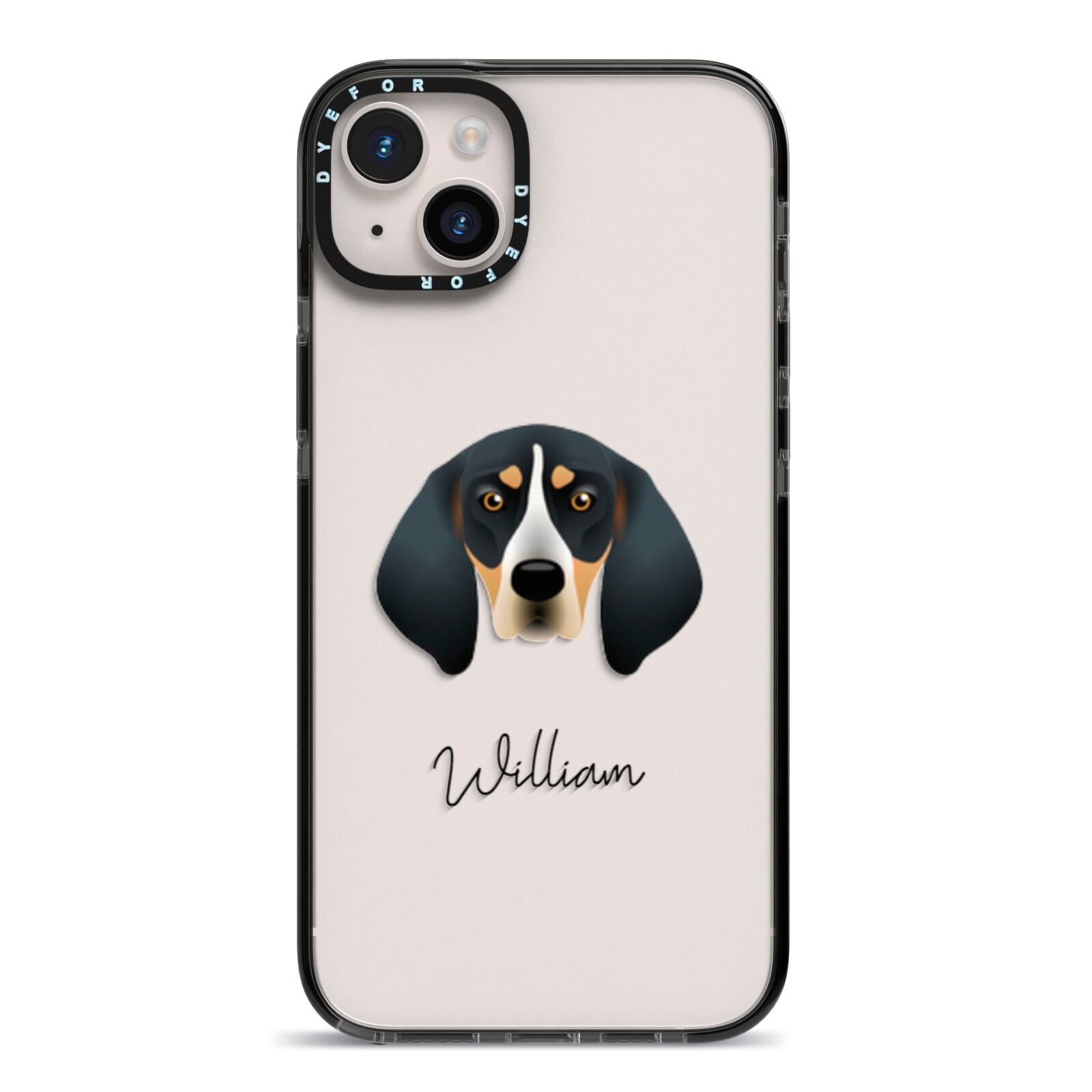 Bluetick Coonhound Personalised iPhone 14 Plus Black Impact Case on Silver phone