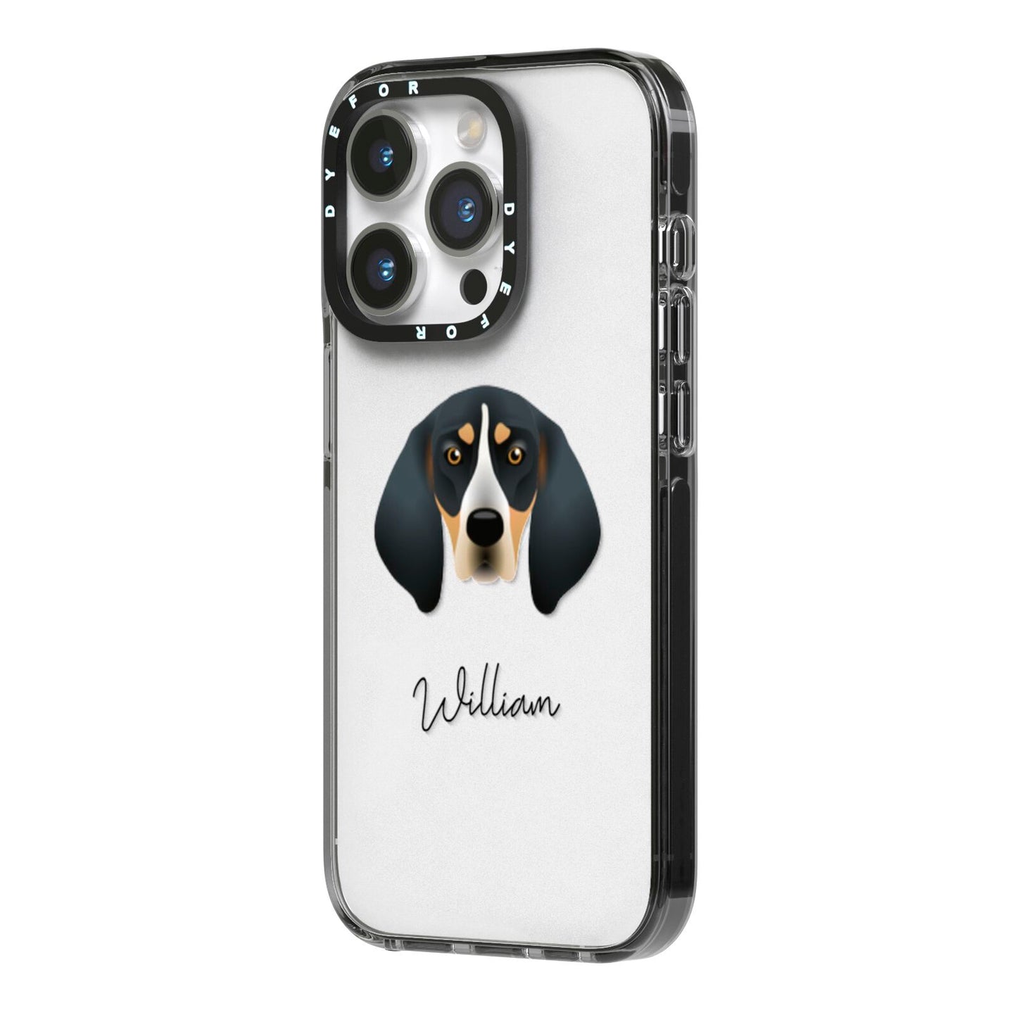 Bluetick Coonhound Personalised iPhone 14 Pro Black Impact Case Side Angle on Silver phone