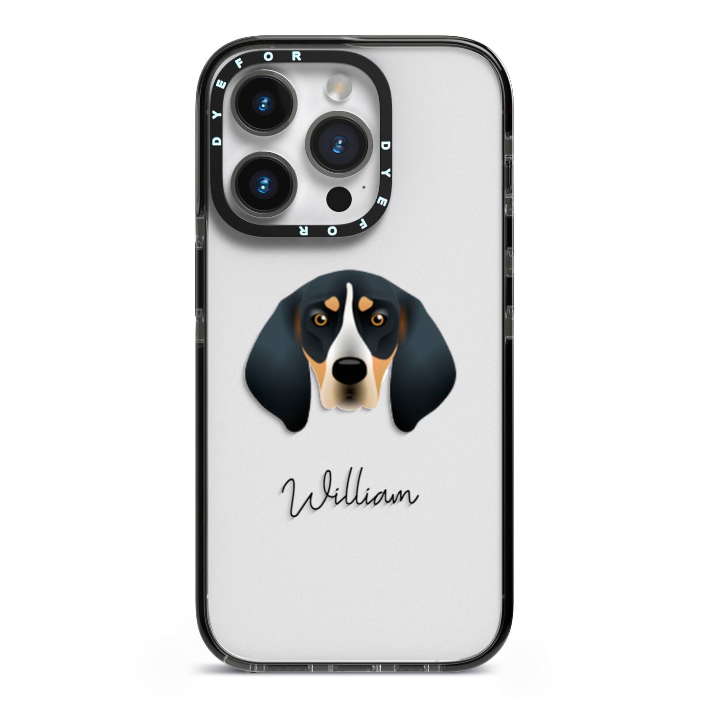Bluetick Coonhound Personalised iPhone 14 Pro Black Impact Case on Silver phone