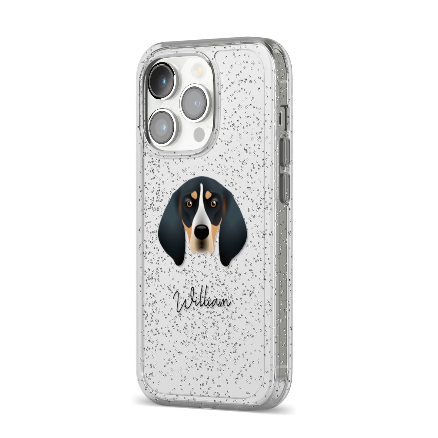 Bluetick Coonhound Personalised iPhone 14 Pro Glitter Tough Case Silver Angled Image