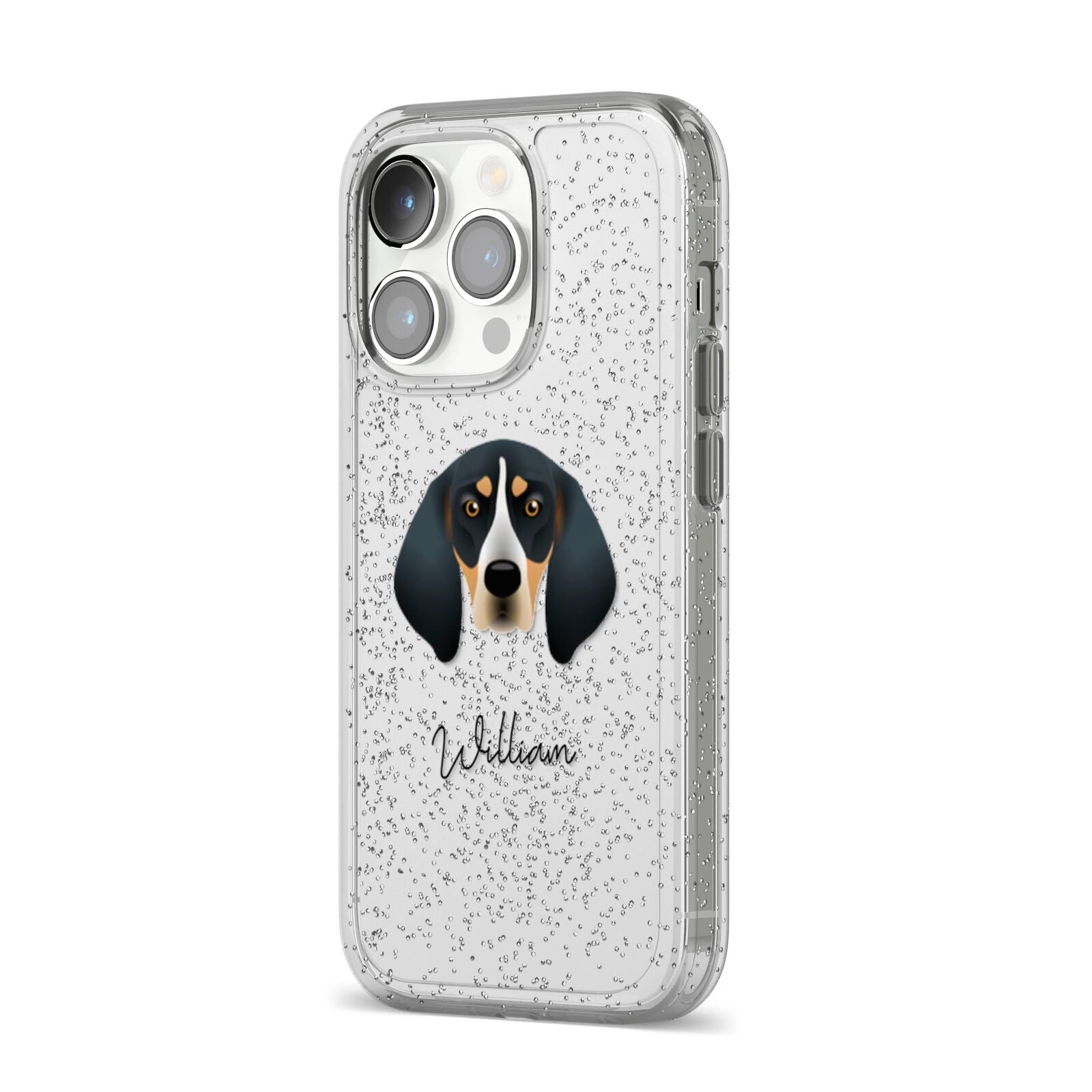 Bluetick Coonhound Personalised iPhone 14 Pro Glitter Tough Case Silver Angled Image
