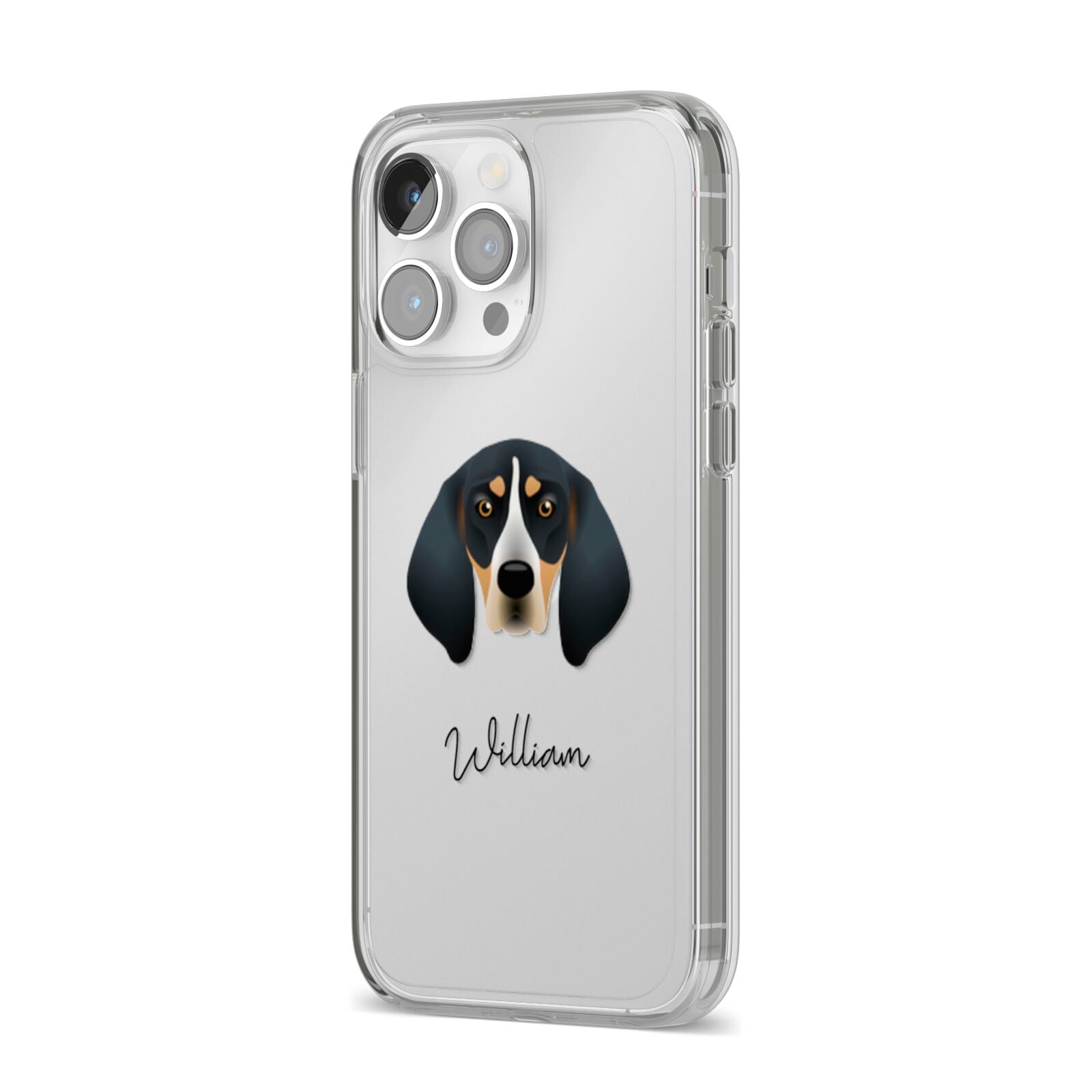 Bluetick Coonhound Personalised iPhone 14 Pro Max Clear Tough Case Silver Angled Image