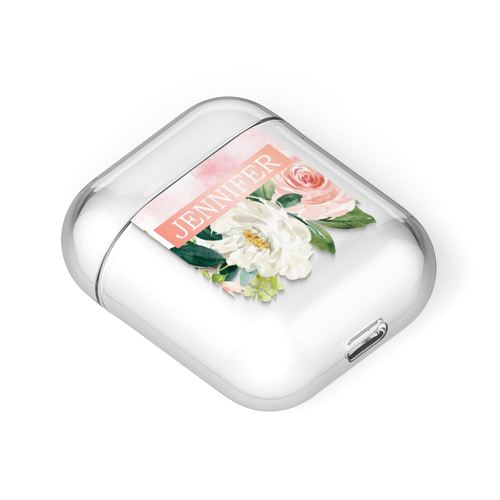 Blush Pink Personalised Name Floral AirPods Case Laid Flat
