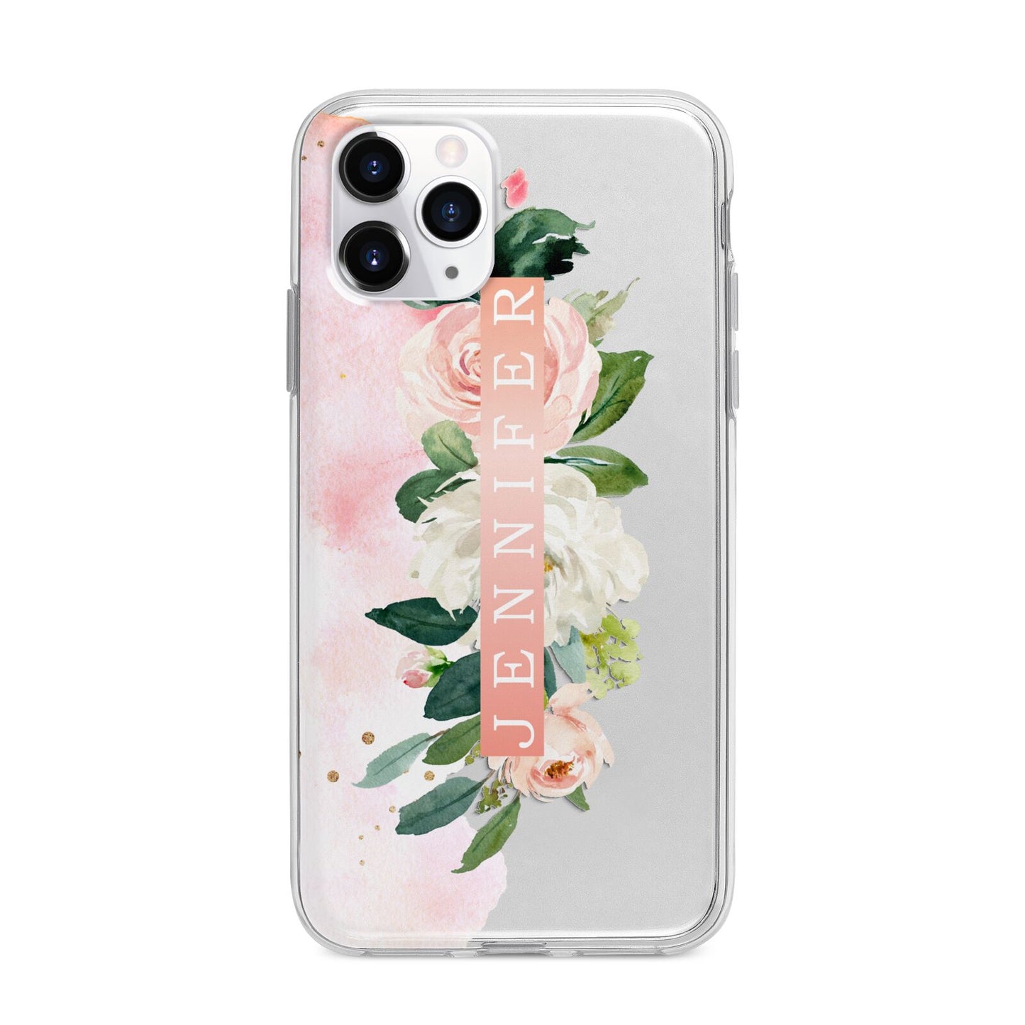 Blush Pink Personalised Name Floral Apple iPhone 11 Pro Max in Silver with Bumper Case