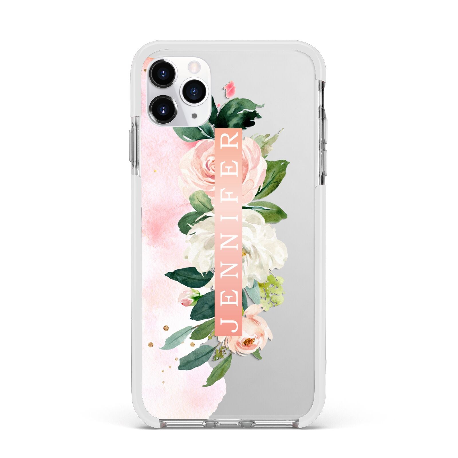 Blush Pink Personalised Name Floral Apple iPhone 11 Pro Max in Silver with White Impact Case