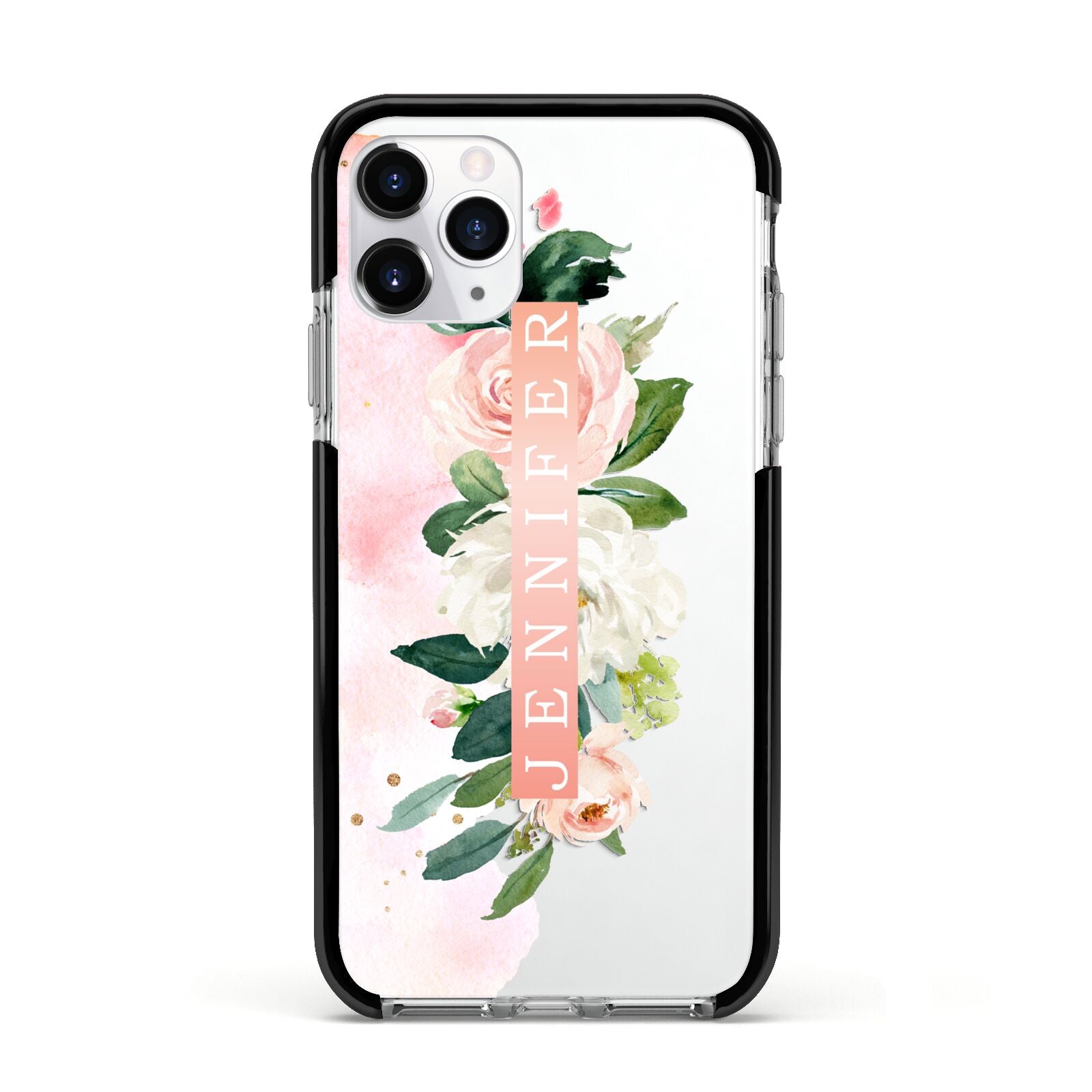 Blush Pink Personalised Name Floral Apple iPhone 11 Pro in Silver with Black Impact Case