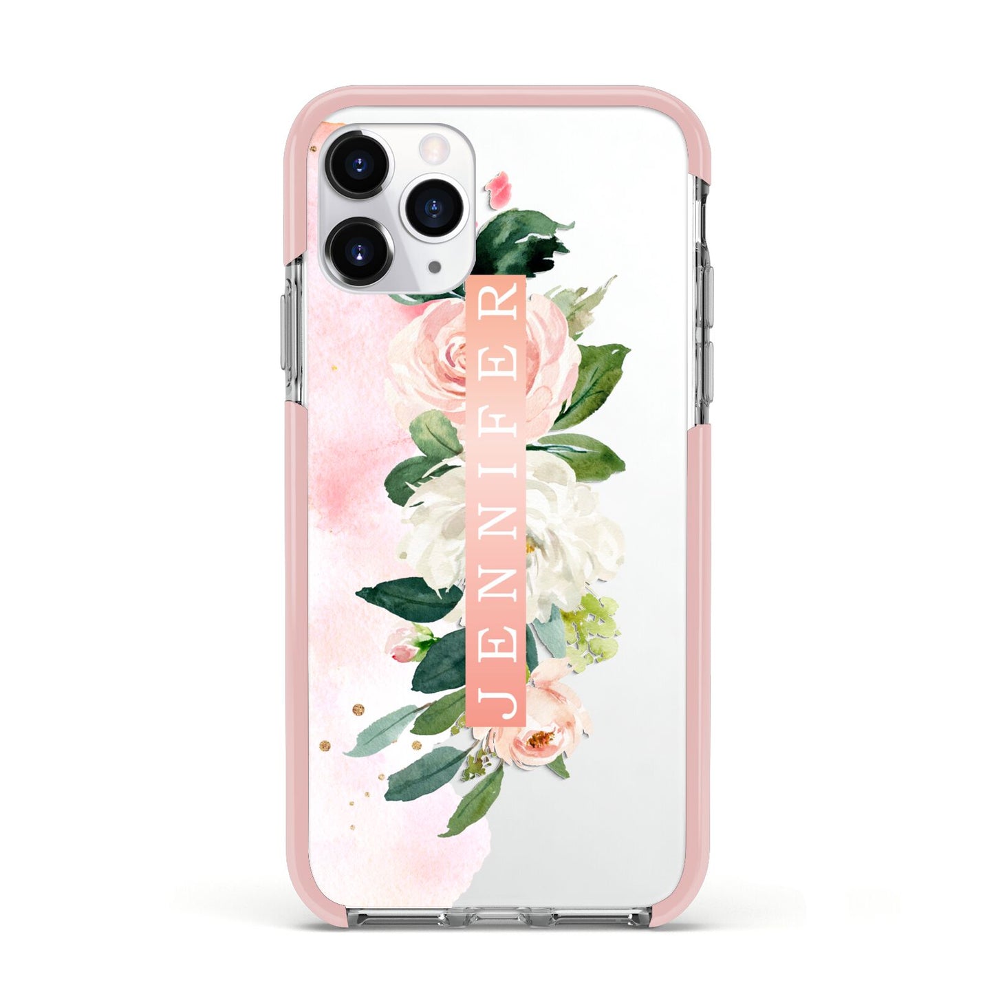 Blush Pink Personalised Name Floral Apple iPhone 11 Pro in Silver with Pink Impact Case
