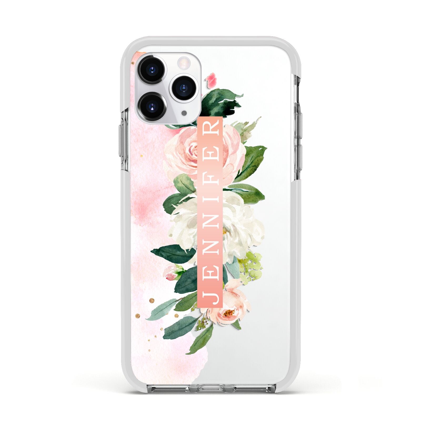 Blush Pink Personalised Name Floral Apple iPhone 11 Pro in Silver with White Impact Case