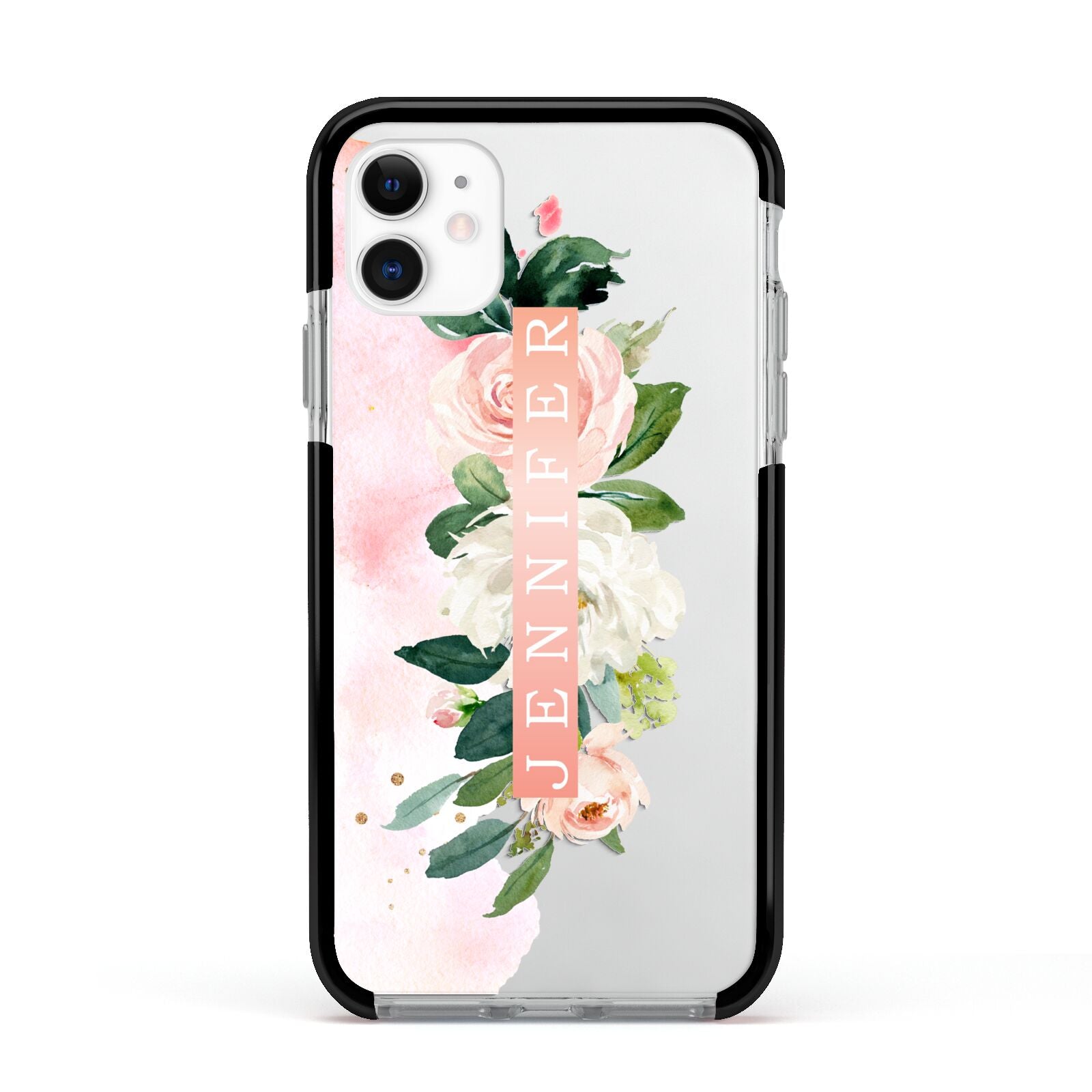 Blush Pink Personalised Name Floral Apple iPhone 11 in White with Black Impact Case