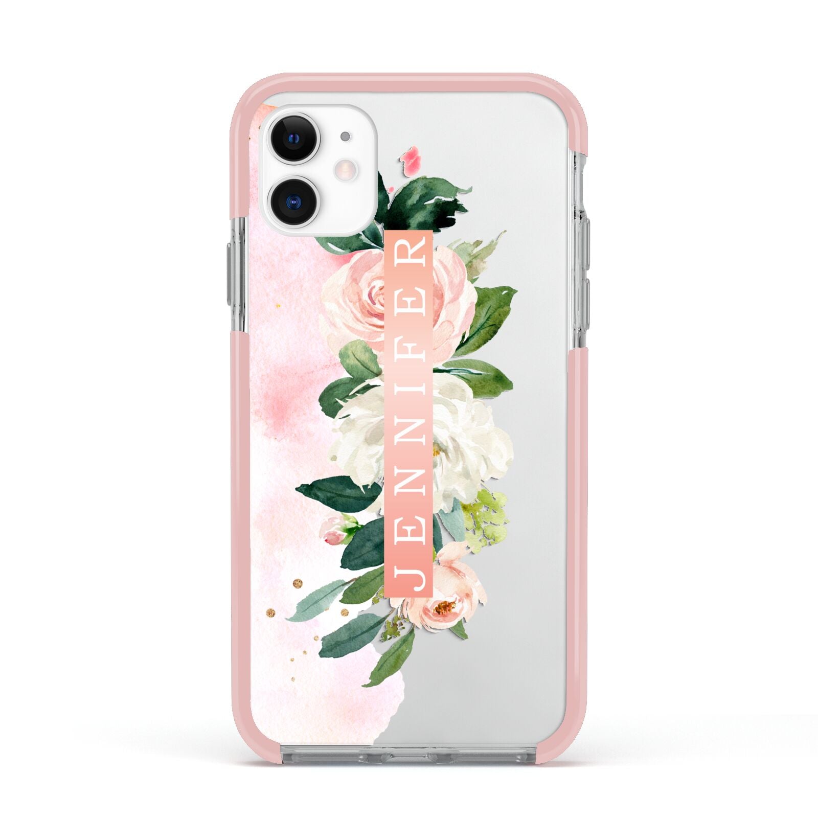Blush Pink Personalised Name Floral Apple iPhone 11 in White with Pink Impact Case