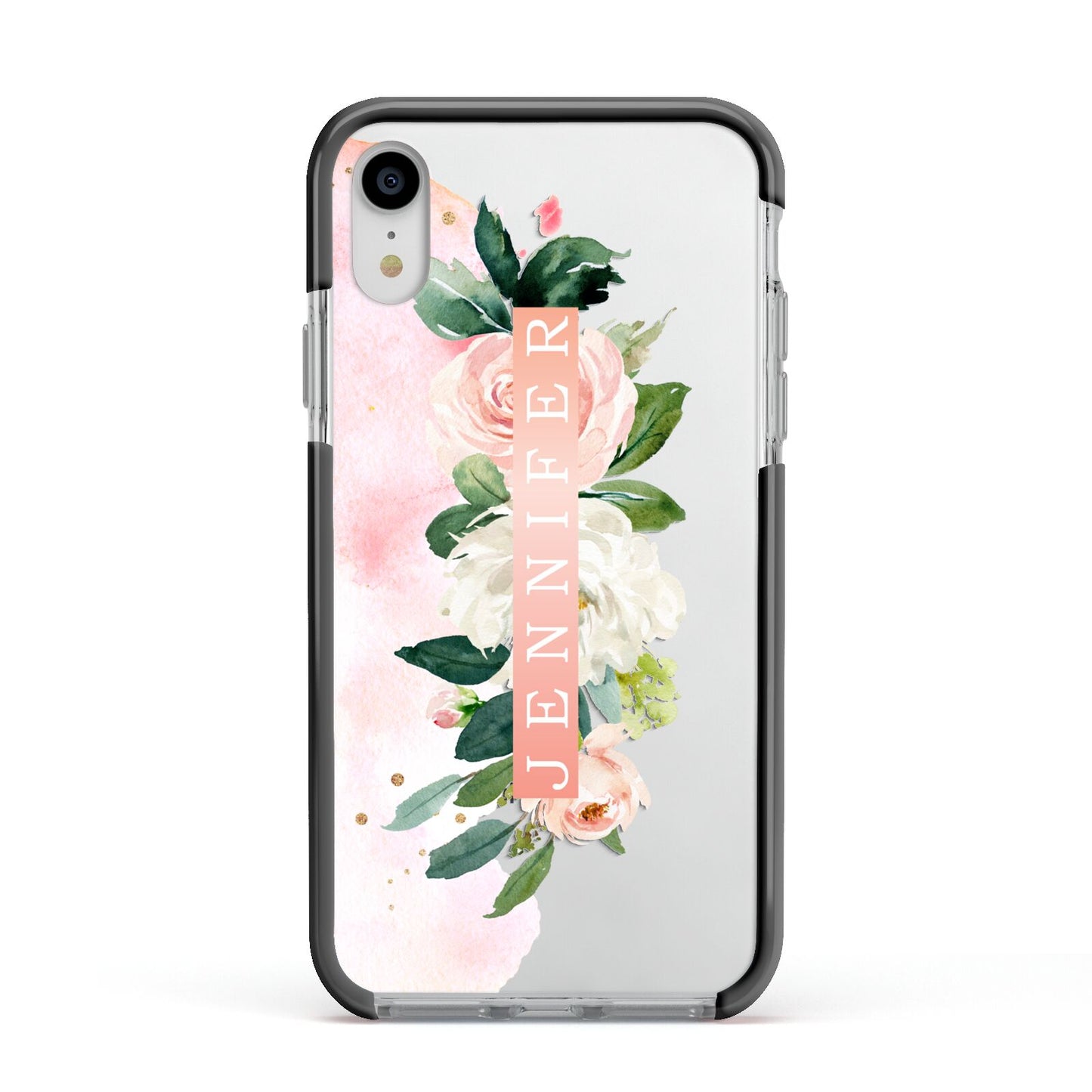Blush Pink Personalised Name Floral Apple iPhone XR Impact Case Black Edge on Silver Phone