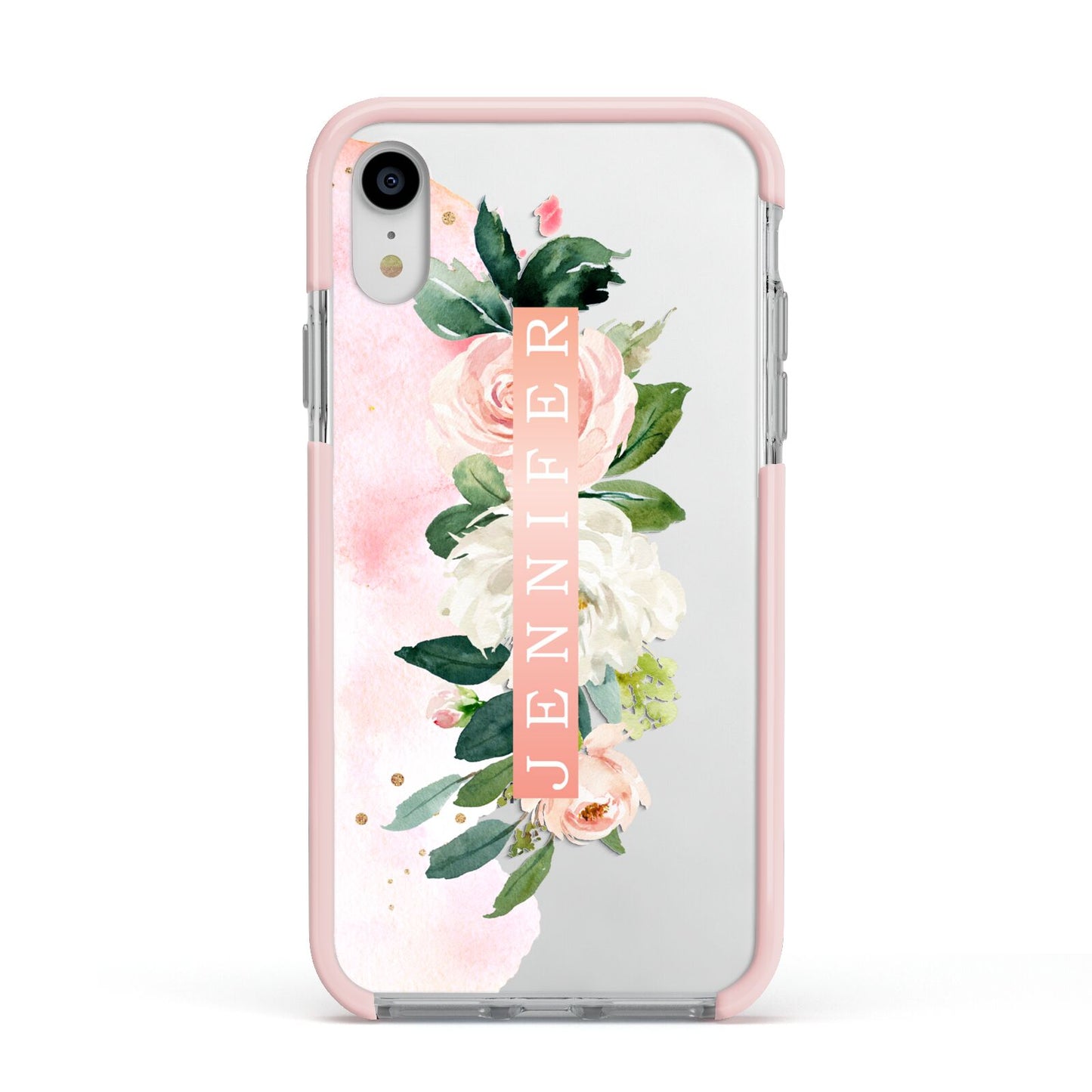 Blush Pink Personalised Name Floral Apple iPhone XR Impact Case Pink Edge on Silver Phone