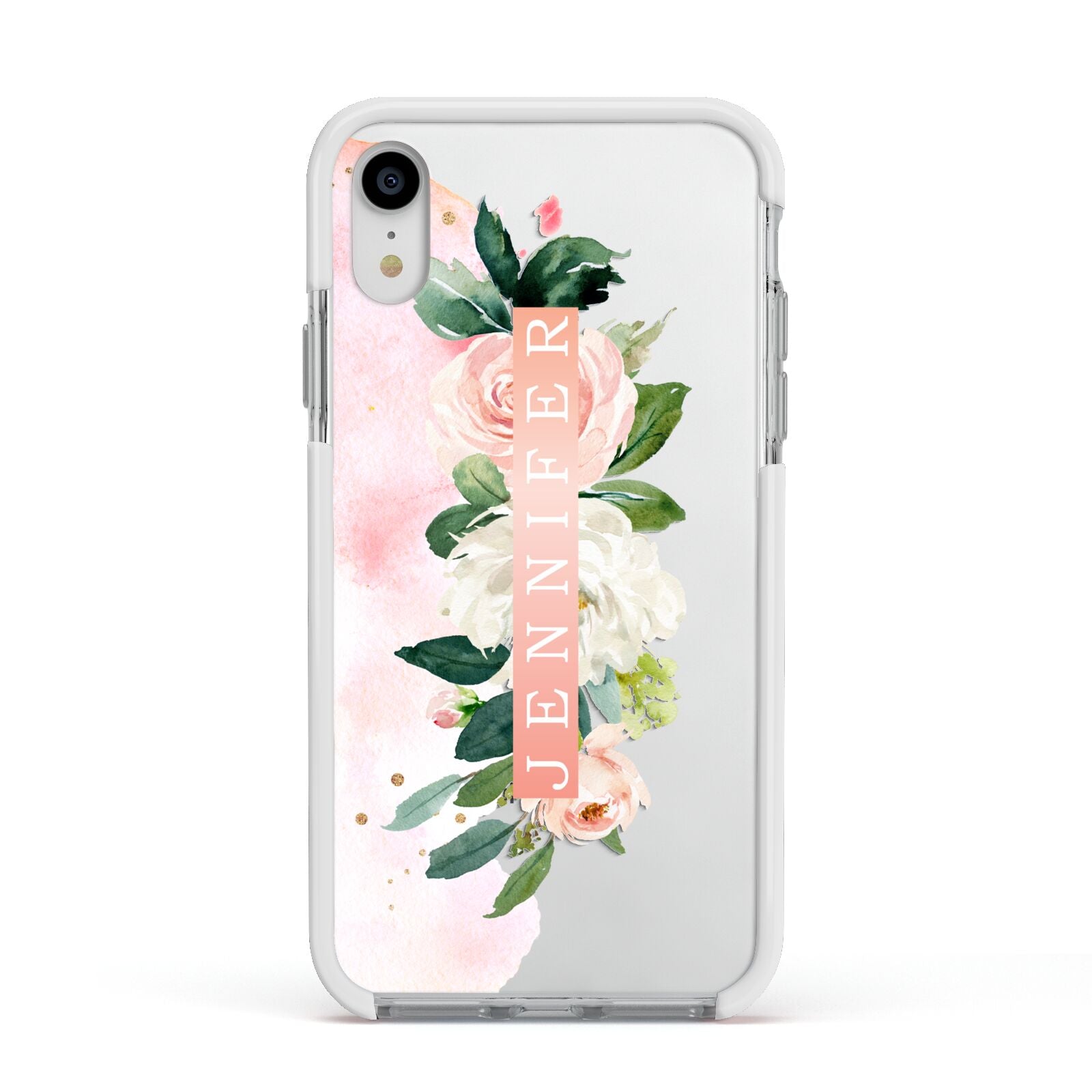Blush Pink Personalised Name Floral Apple iPhone XR Impact Case White Edge on Silver Phone