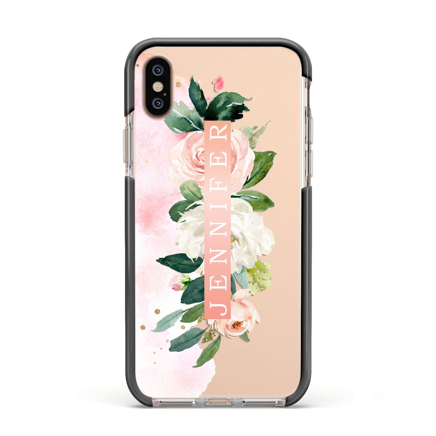 Blush Pink Personalised Name Floral Apple iPhone Xs Impact Case Black Edge on Gold Phone