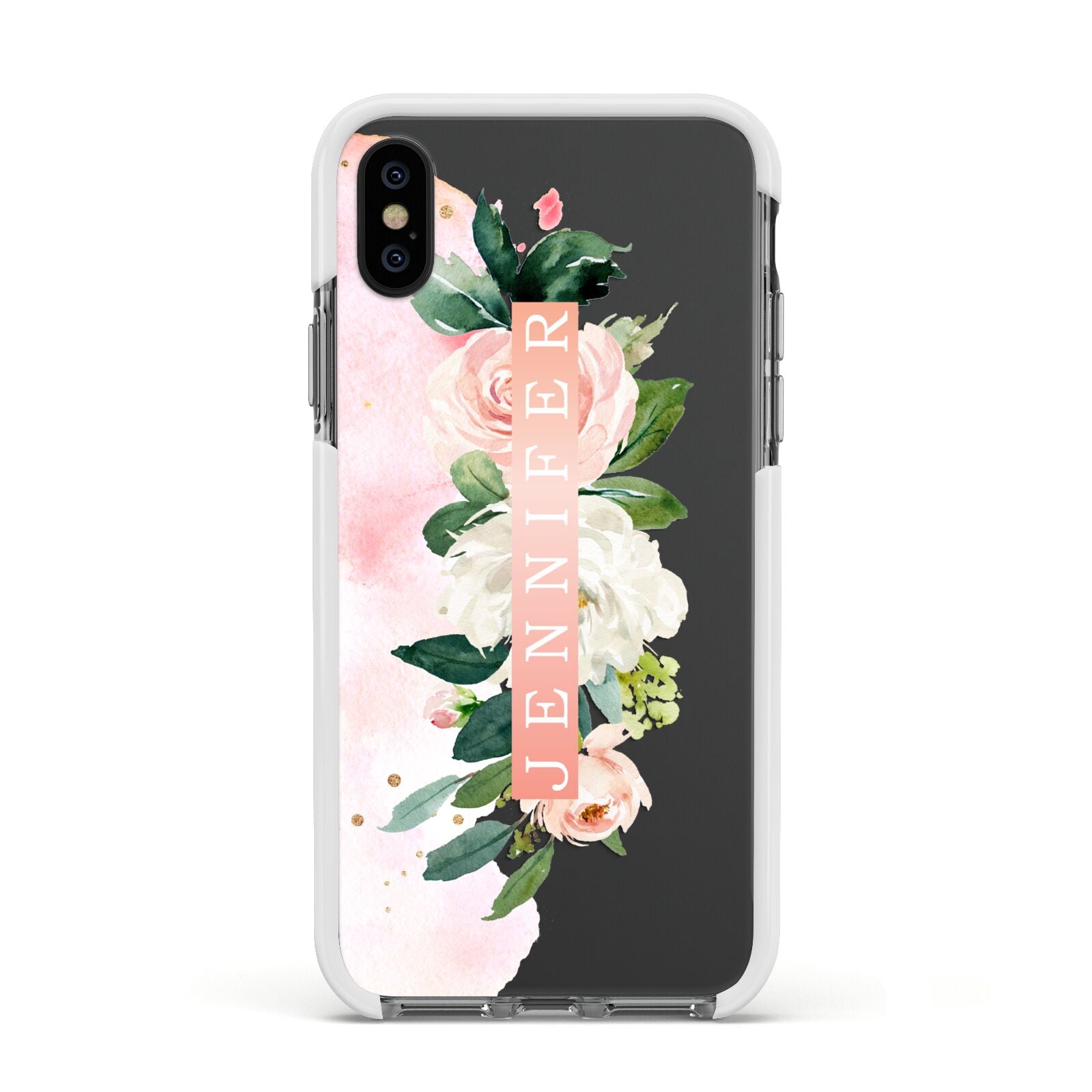 Blush Pink Personalised Name Floral Apple iPhone Xs Impact Case White Edge on Black Phone