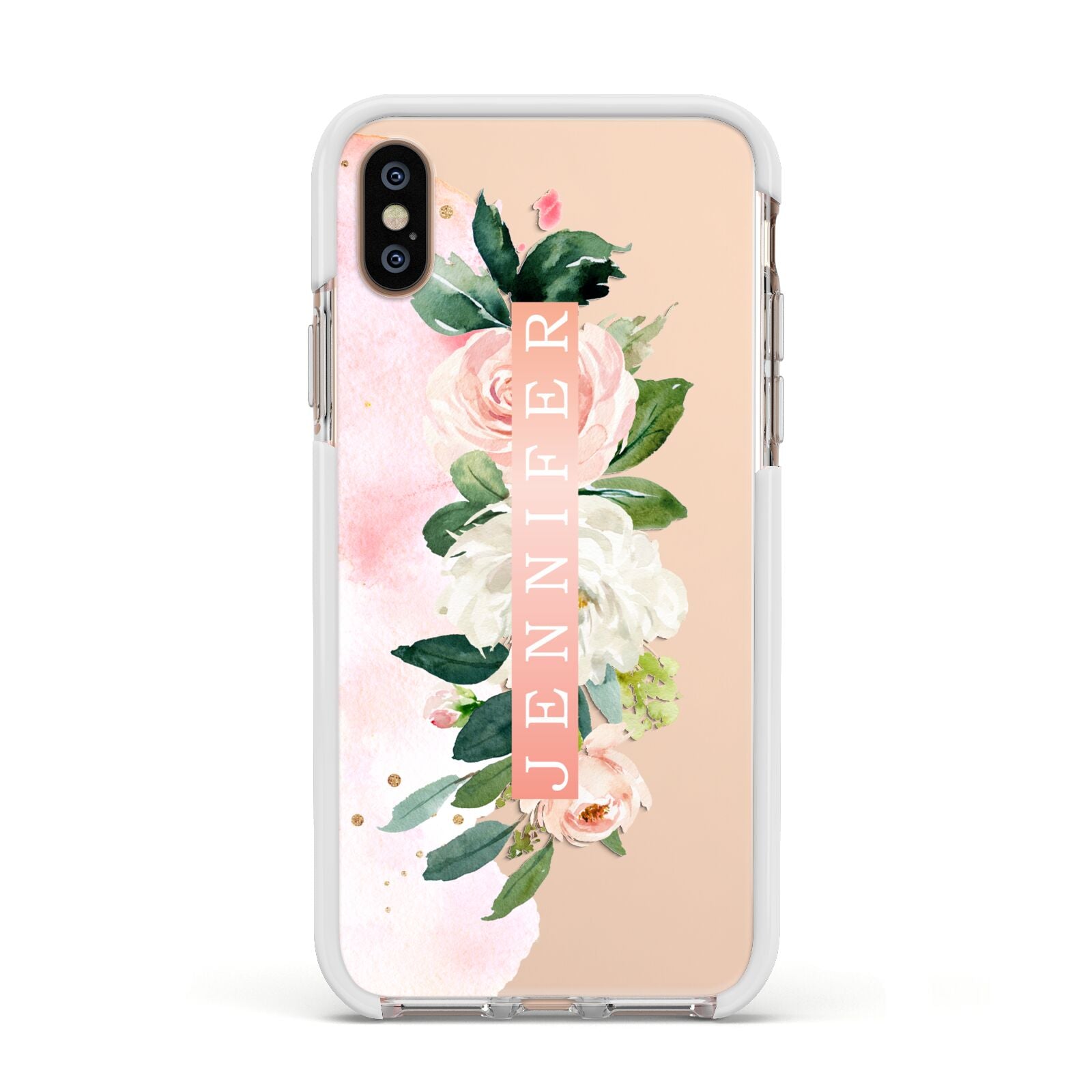 Blush Pink Personalised Name Floral Apple iPhone Xs Impact Case White Edge on Gold Phone