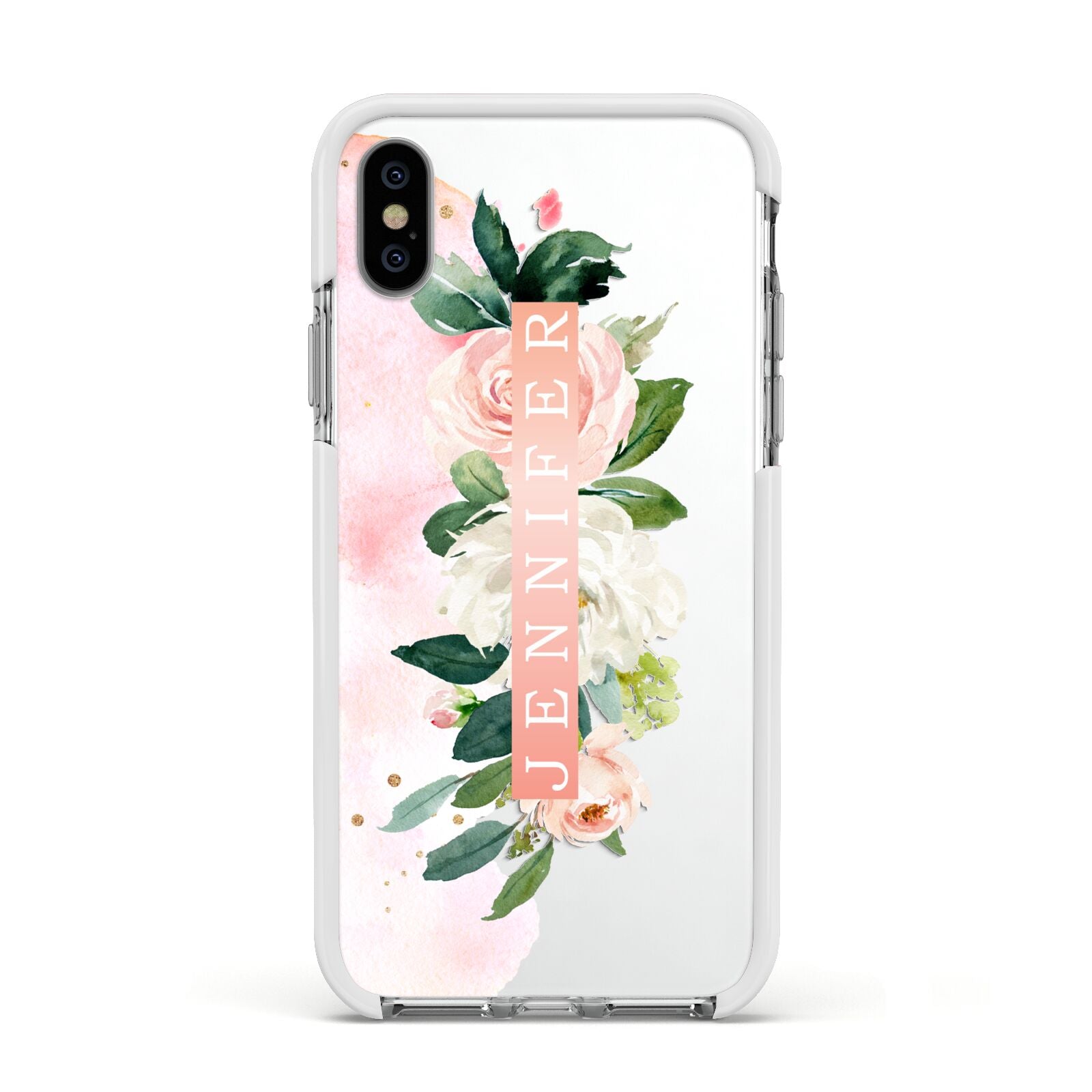 Blush Pink Personalised Name Floral Apple iPhone Xs Impact Case White Edge on Silver Phone