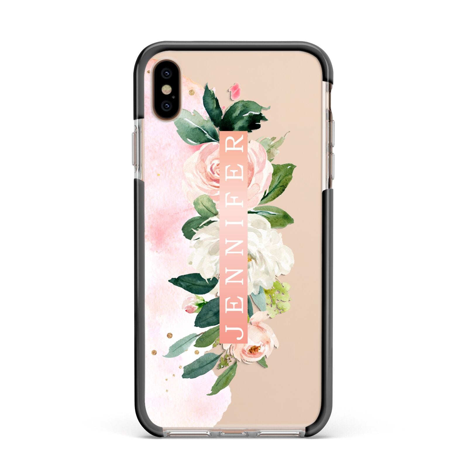 Blush Pink Personalised Name Floral Apple iPhone Xs Max Impact Case Black Edge on Gold Phone