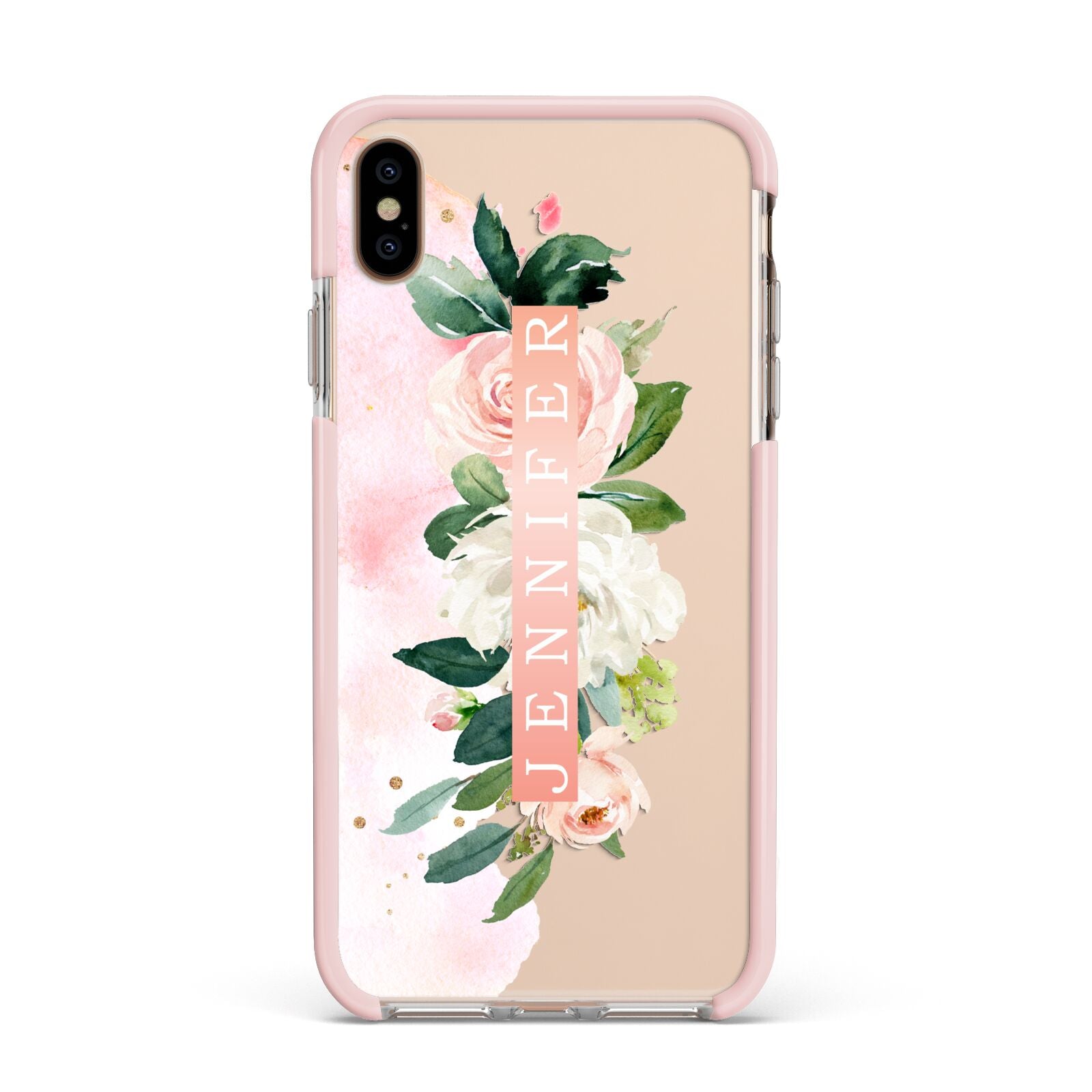 Blush Pink Personalised Name Floral Apple iPhone Xs Max Impact Case Pink Edge on Gold Phone
