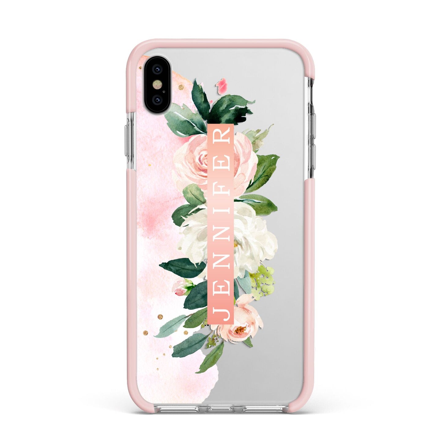 Blush Pink Personalised Name Floral Apple iPhone Xs Max Impact Case Pink Edge on Silver Phone