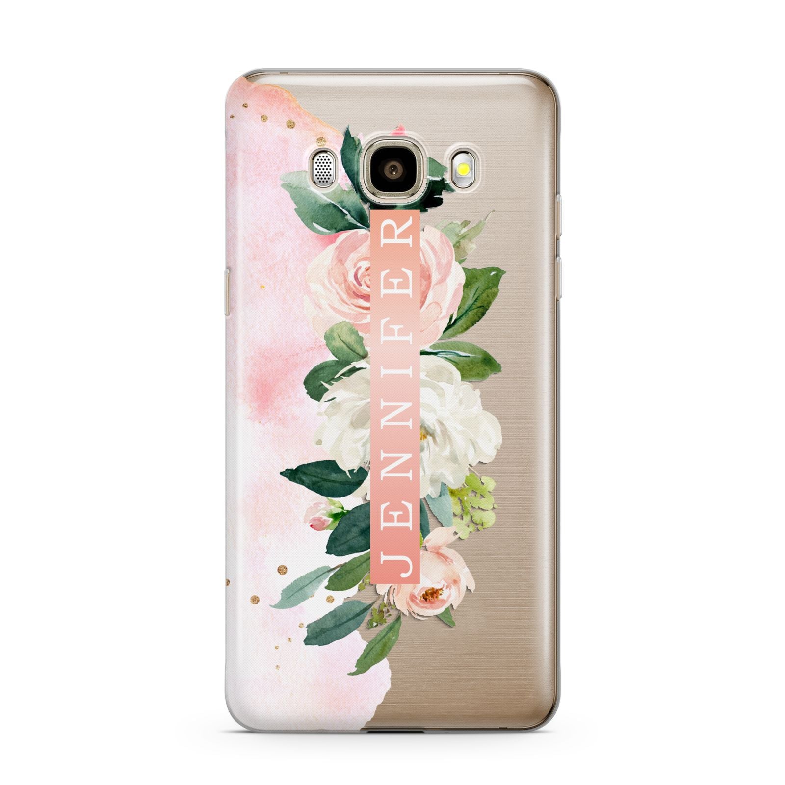 Blush Pink Personalised Name Floral Samsung Galaxy J7 2016 Case on gold phone