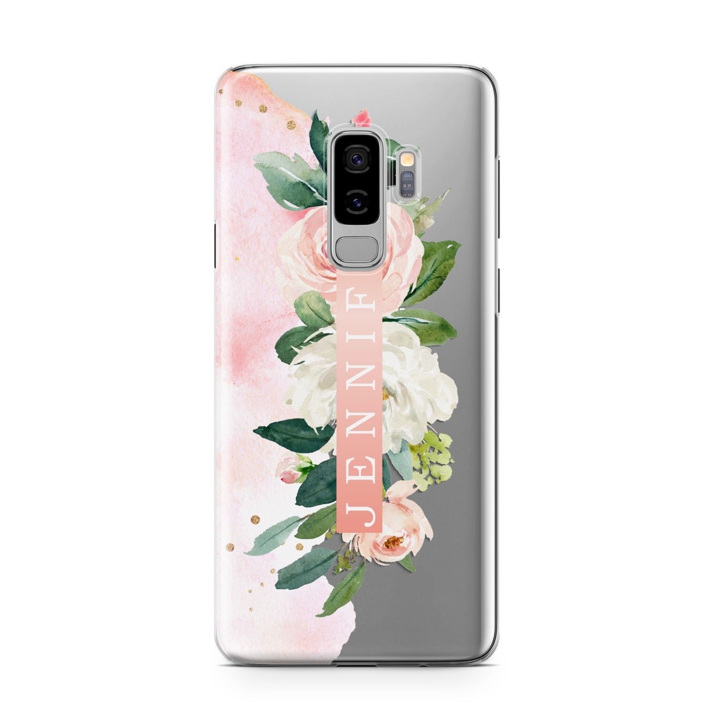 Blush Pink Personalised Name Floral Samsung Galaxy S9 Plus Case on Silver phone