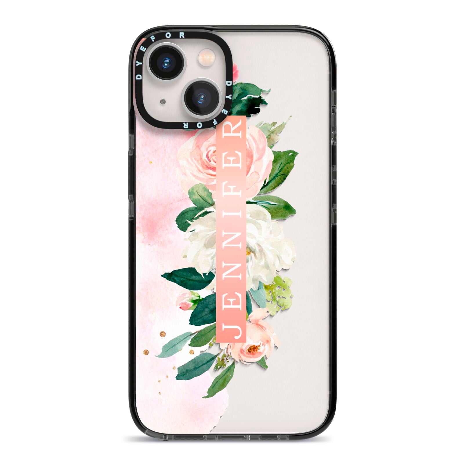 Blush Pink Personalised Name Floral iPhone 13 Black Impact Case on Silver phone