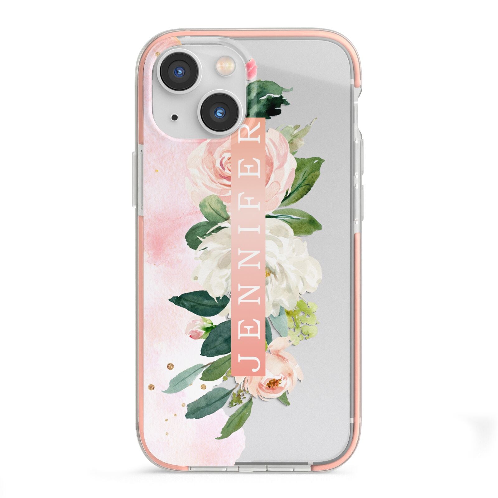Blush Pink Personalised Name Floral iPhone 13 Mini TPU Impact Case with Pink Edges