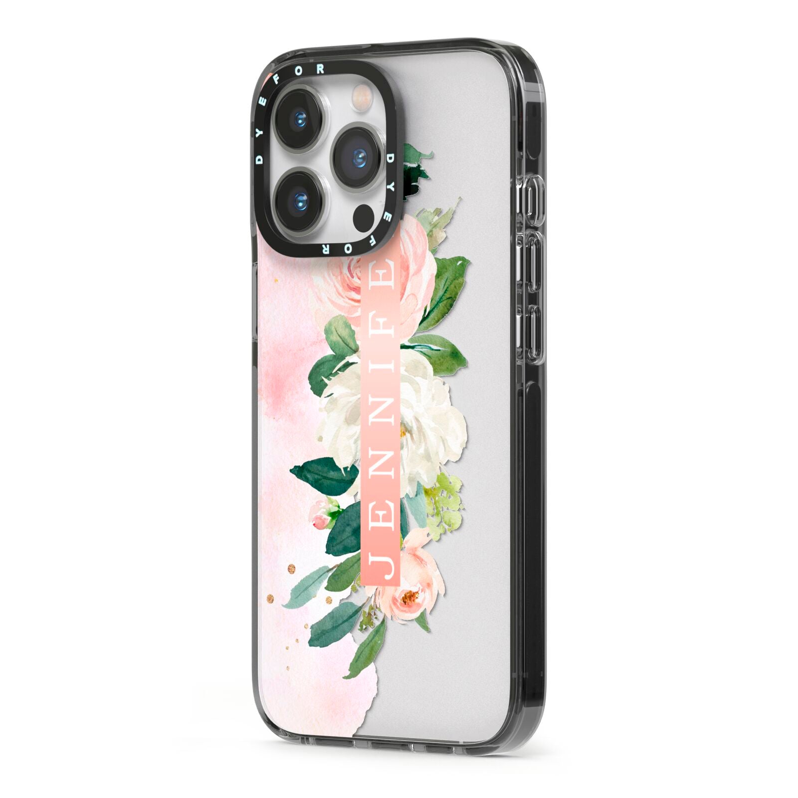 Blush Pink Personalised Name Floral iPhone 13 Pro Black Impact Case Side Angle on Silver phone