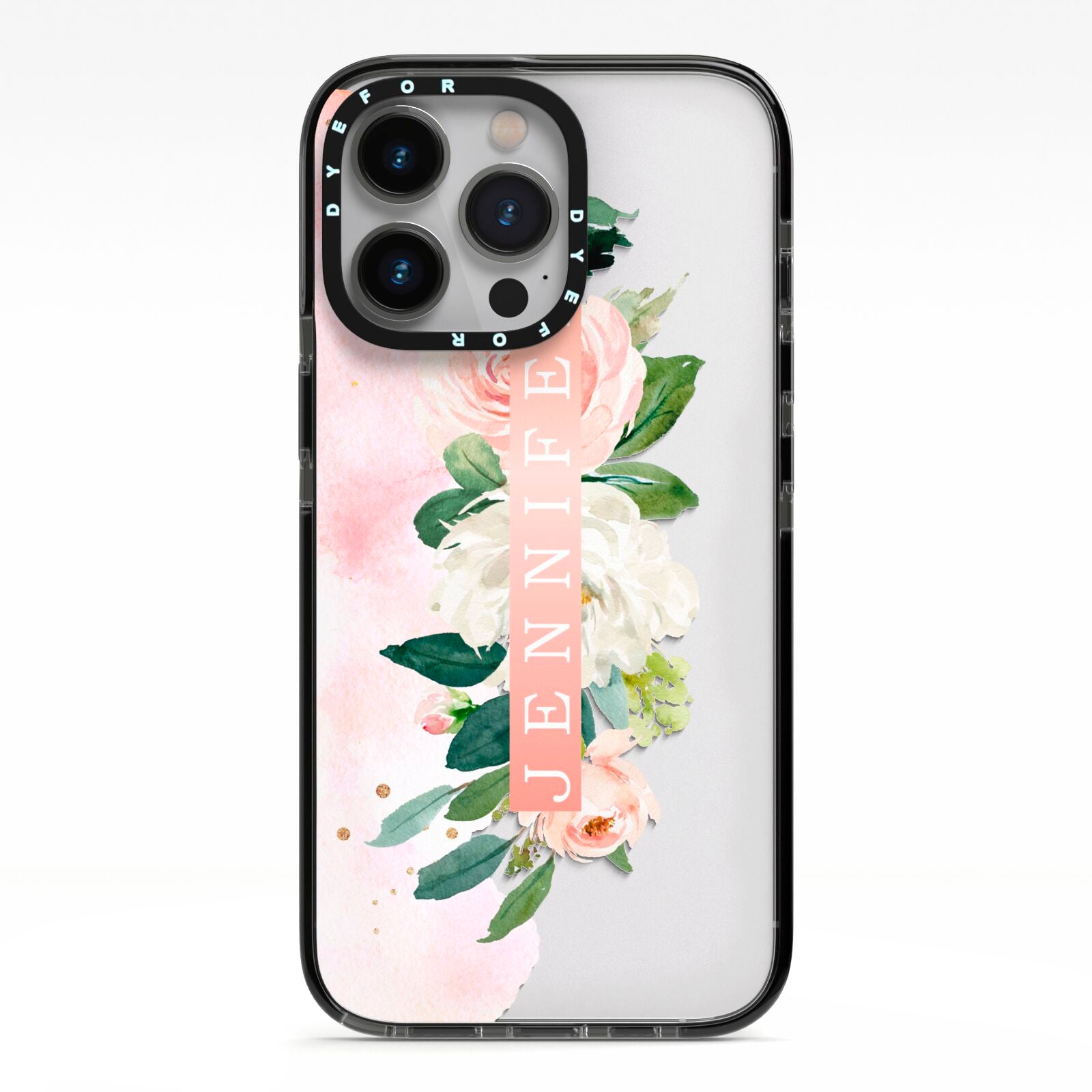 Blush Pink Personalised Name Floral iPhone 13 Pro Black Impact Case on Silver phone