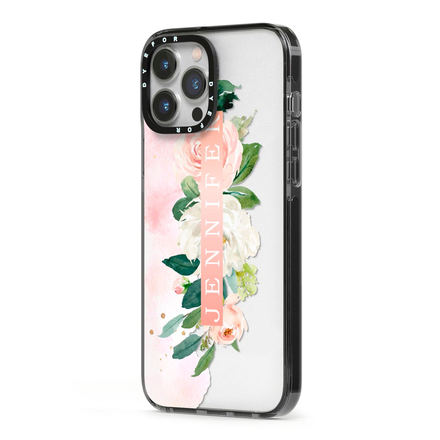 Blush Pink Personalised Name Floral iPhone 13 Pro Max Black Impact Case Side Angle on Silver phone