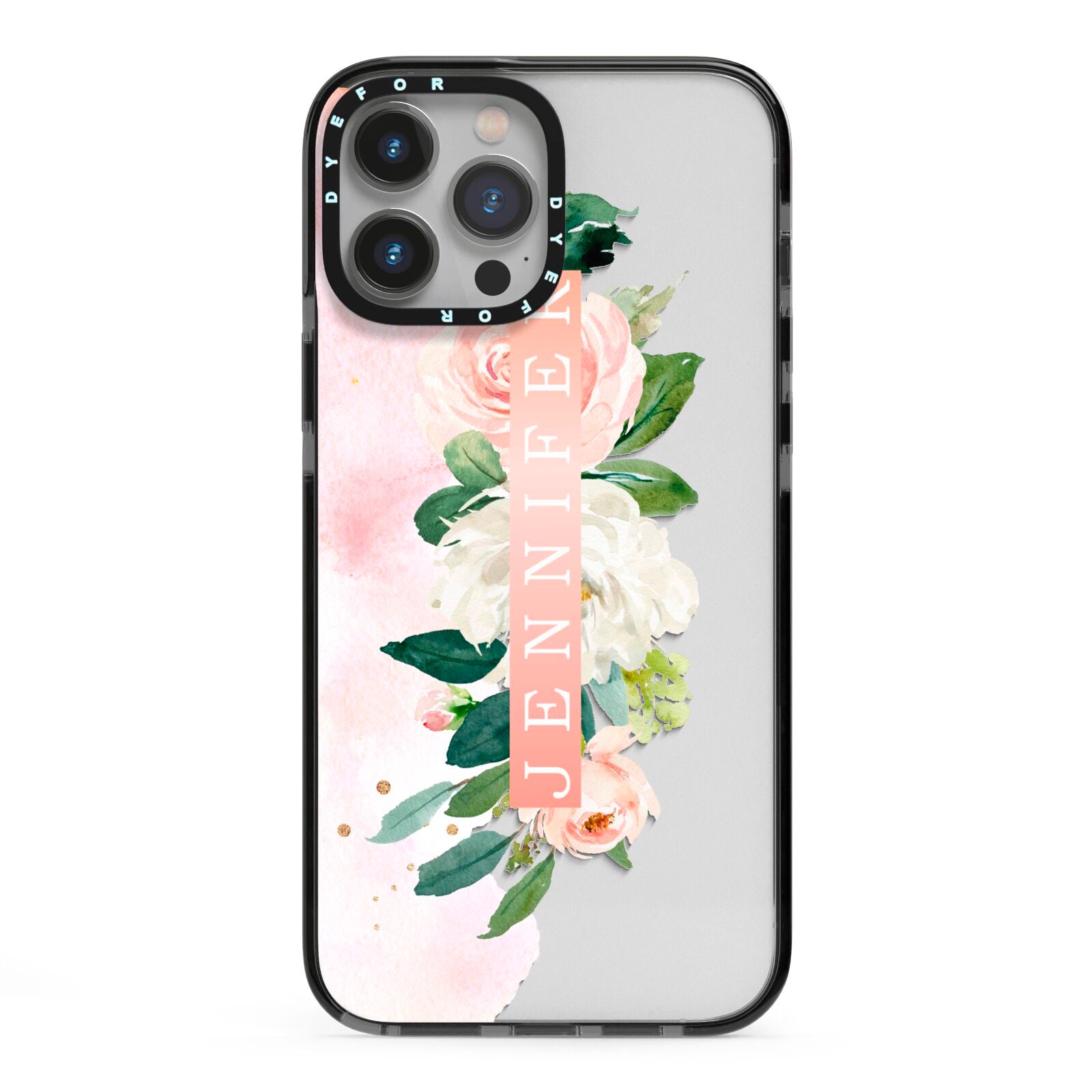 Blush Pink Personalised Name Floral iPhone 13 Pro Max Black Impact Case on Silver phone
