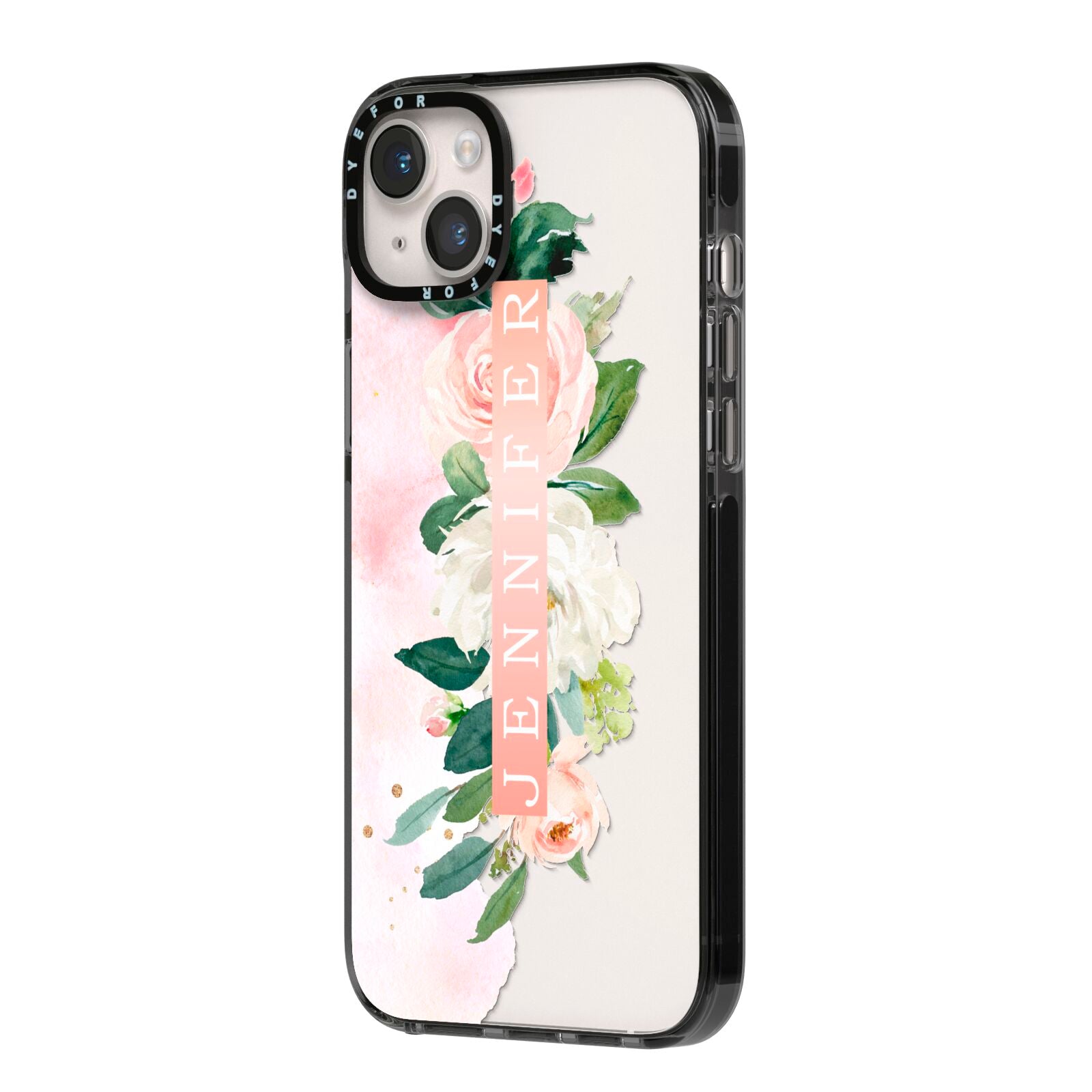 Blush Pink Personalised Name Floral iPhone 14 Plus Black Impact Case Side Angle on Silver phone