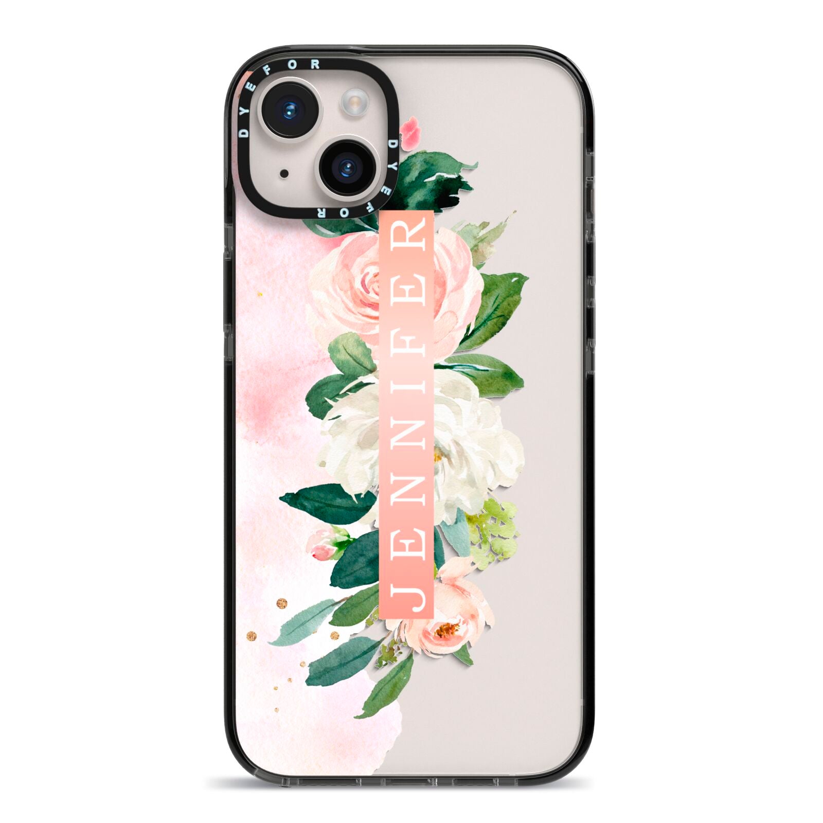 Blush Pink Personalised Name Floral iPhone 14 Plus Black Impact Case on Silver phone