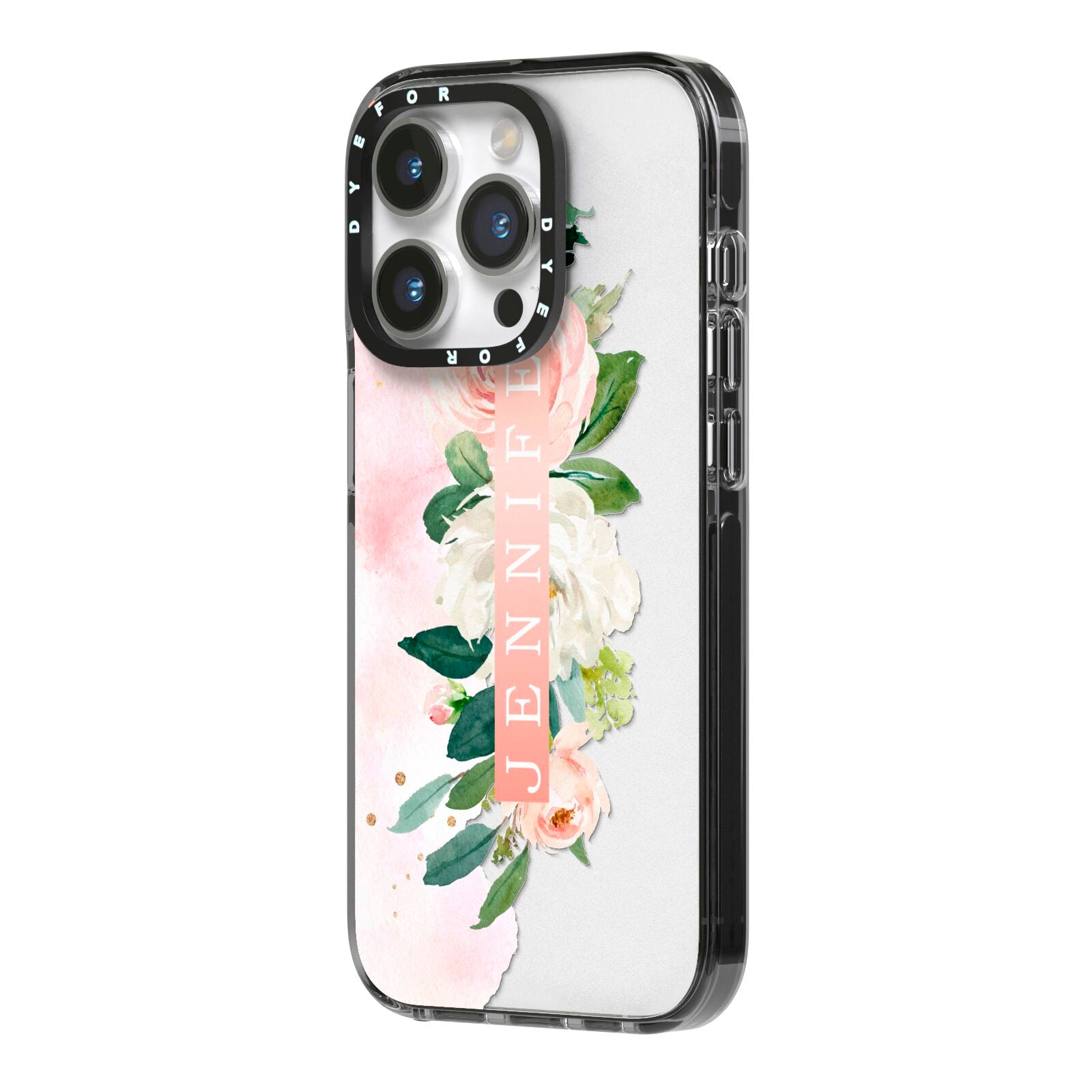 Blush Pink Personalised Name Floral iPhone 14 Pro Black Impact Case Side Angle on Silver phone