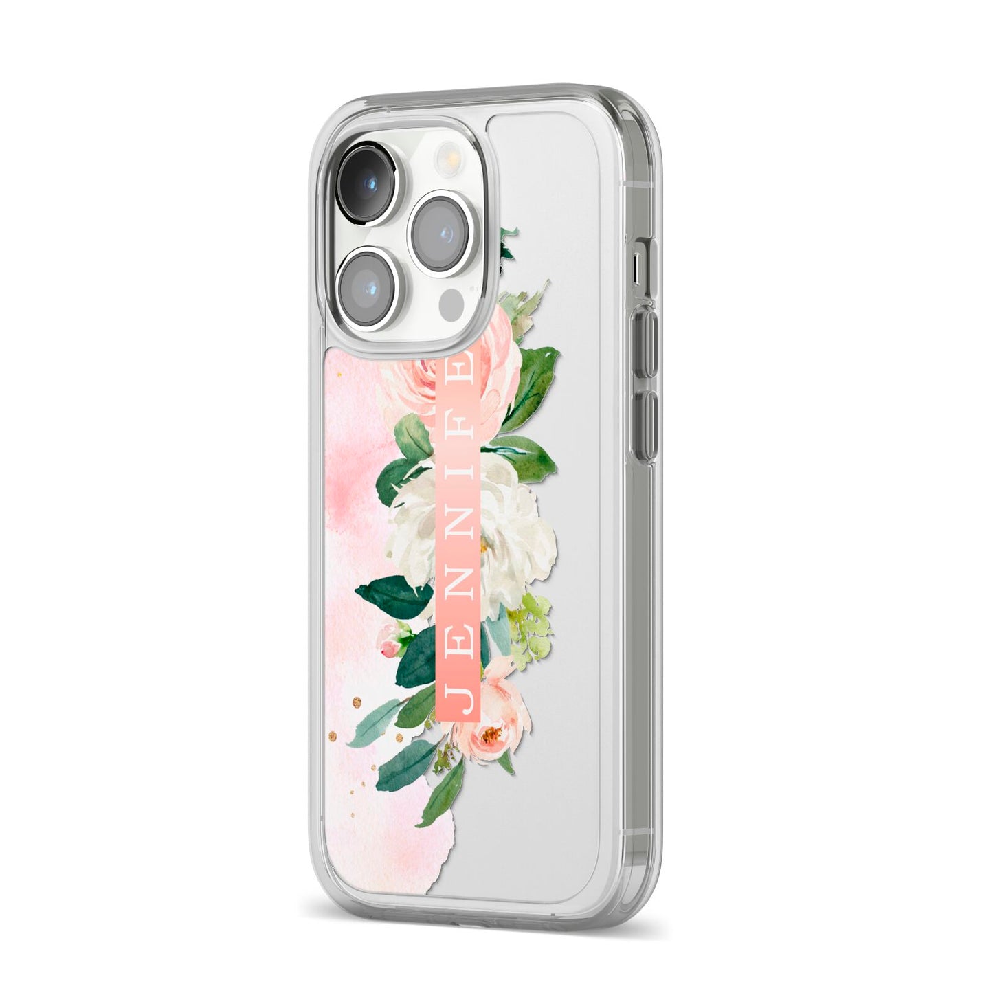 Blush Pink Personalised Name Floral iPhone 14 Pro Clear Tough Case Silver Angled Image
